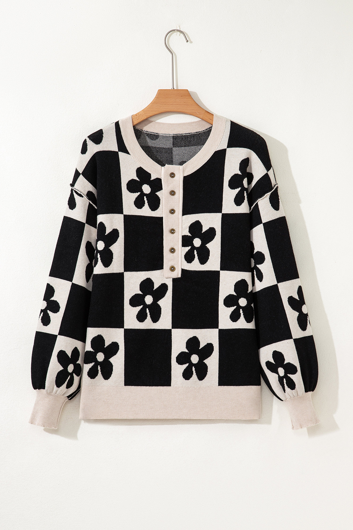 Black Flower Plaid Henley Baggy Sweater