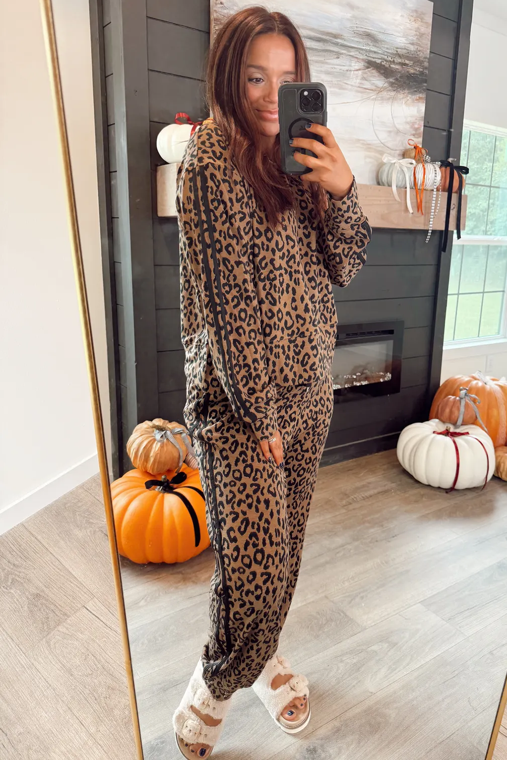 Brown Varsity Striped Trim Leopard Long Sleeve Top Drawstring Pant Set