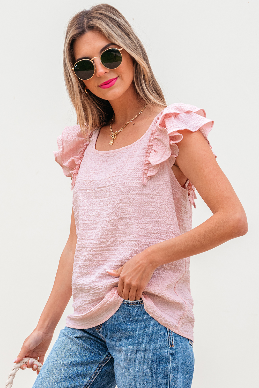 Beau Blue Textured Bow Knot Frilled Butterfly Sleeve Blouse