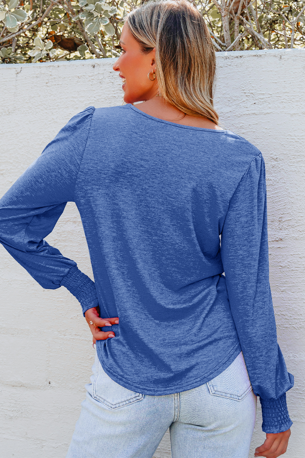 Beige Shirred Shoulder Frilled Cuffs Long Sleeve Top