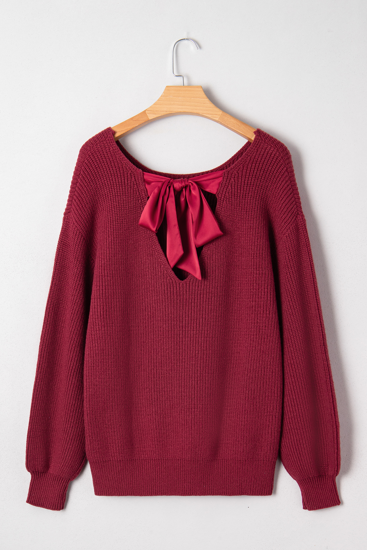 Black Ribbed Knit Ribbon Knot Backless Drop Shoulder Sweater