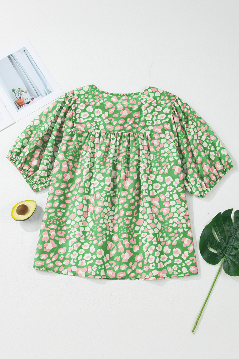 Green Abstract Leopard Tied Front Flutter Sleeve Blouse