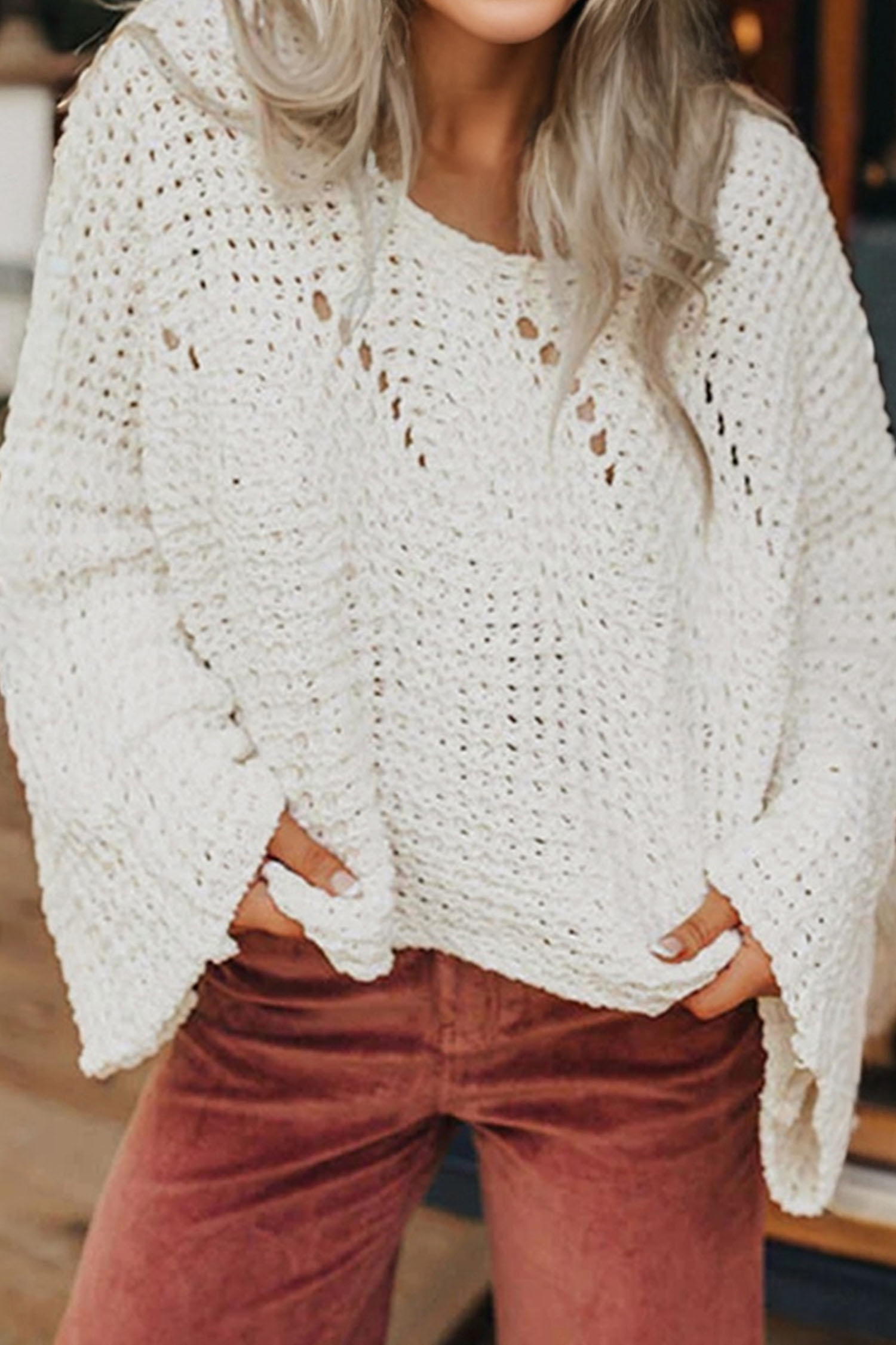 Camel Hollowed Detail Wide Sleeve Loose Pullover Sweater