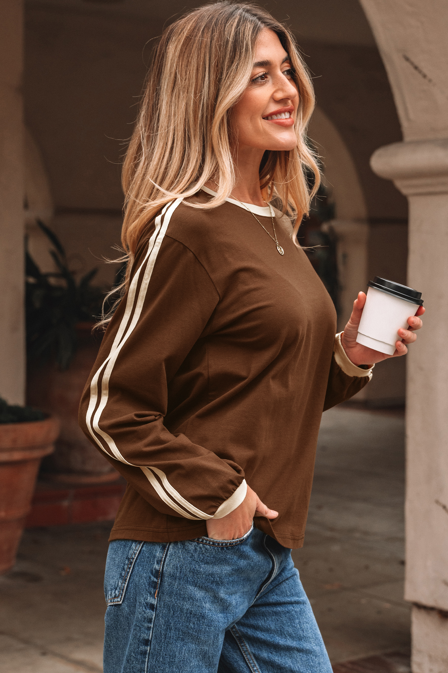 Dark Brown Varsity Striped Accent Contrast Crew Neck Long Sleeve T Shirt
