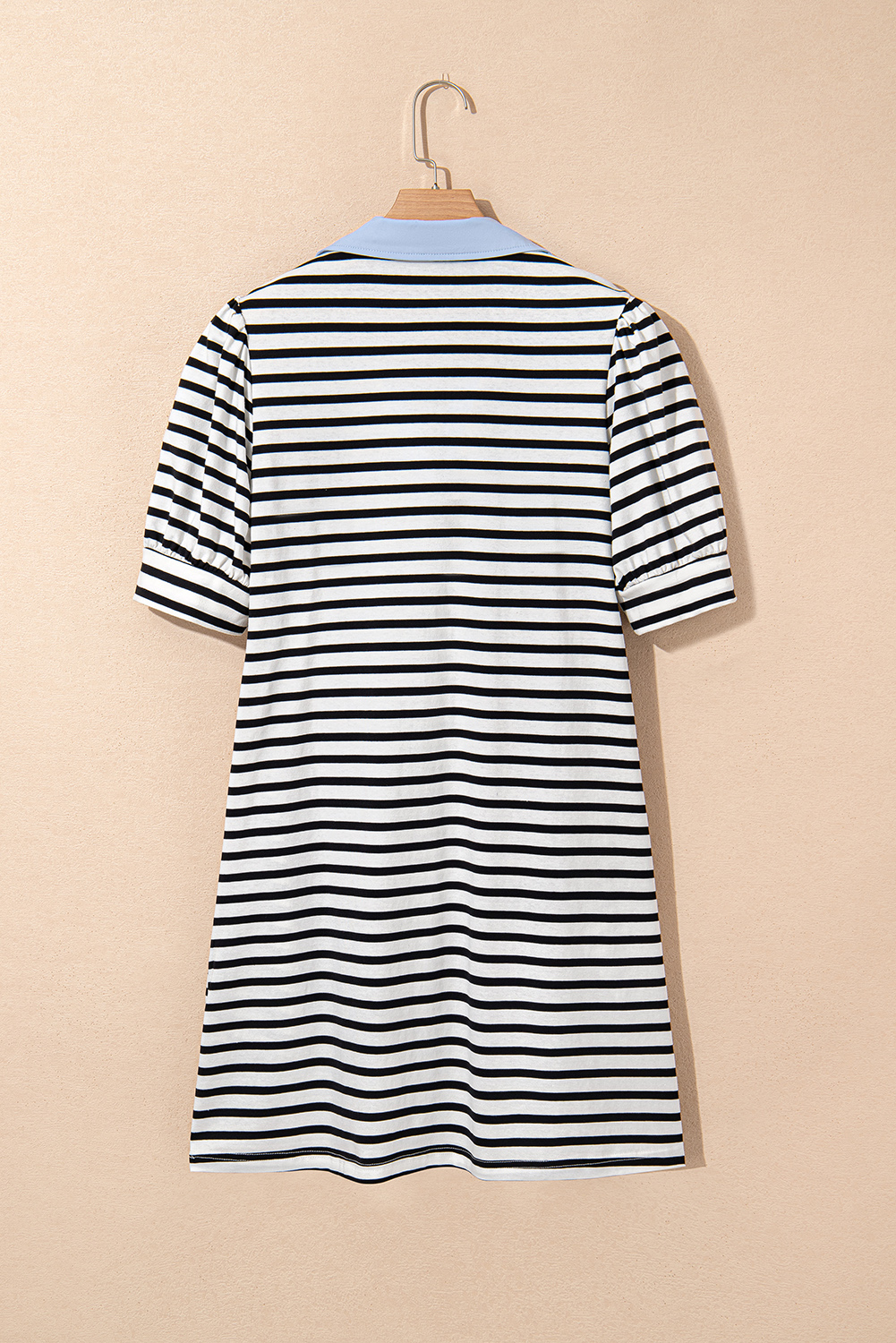 Black Stripe Contrast V Neck Collared Puff Sleeve T Shirt Mini Dress with Pockets