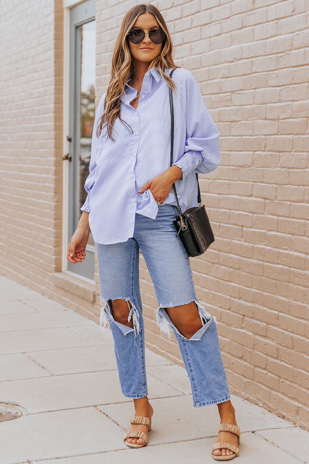 Red Stripe Smocked Cuffed Striped Boyfriend Shirt with Pocket