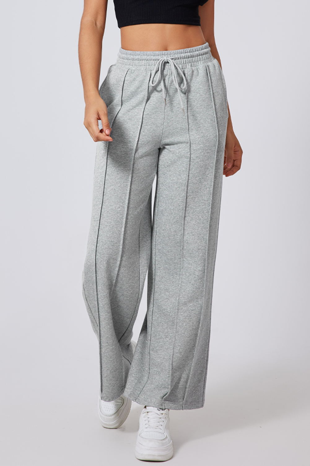 Black Seamed Drawstring High Waist Wide Leg Sweatpants