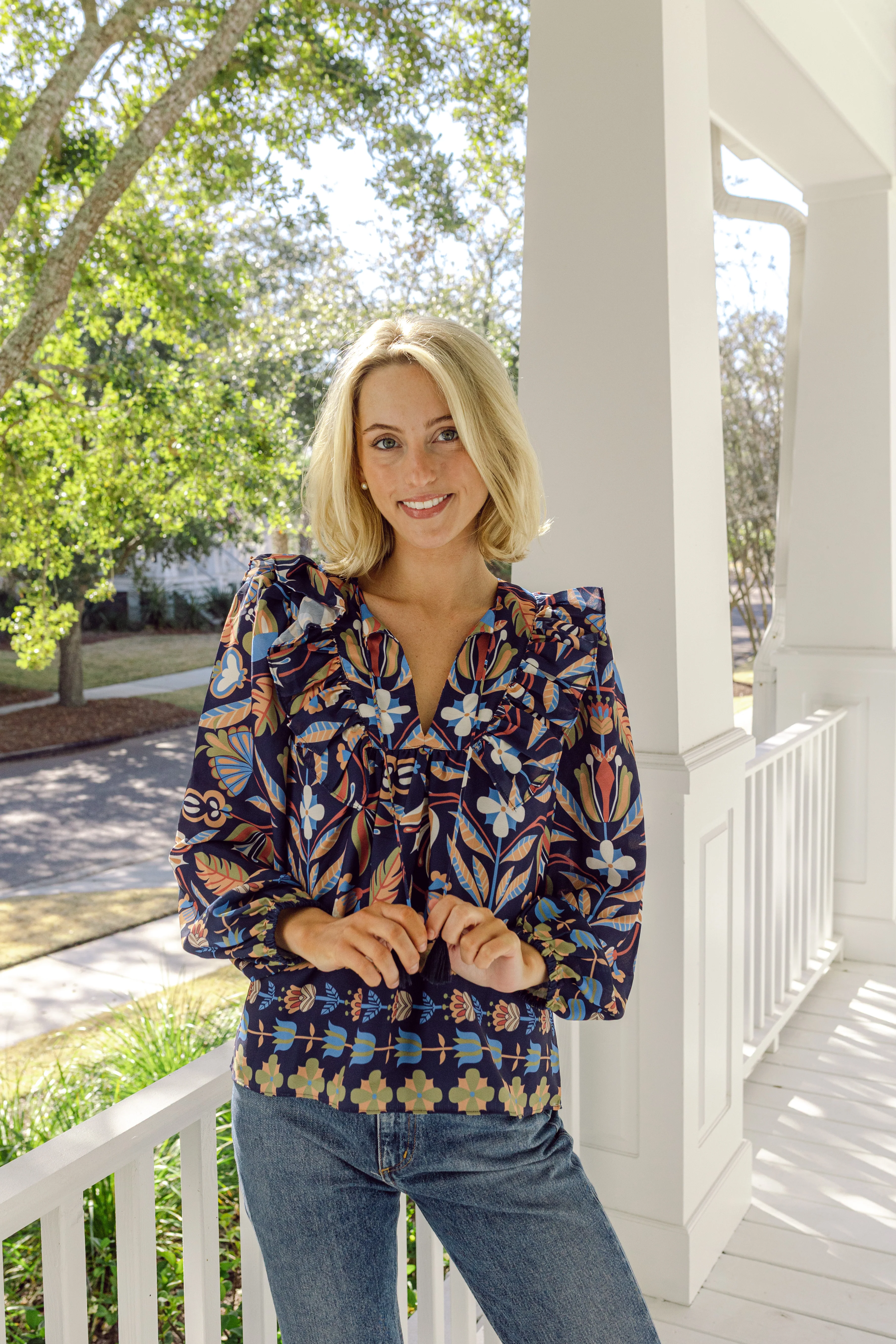 Navy Geo Floral Ruffle Front Top with Tassels - luftunsa