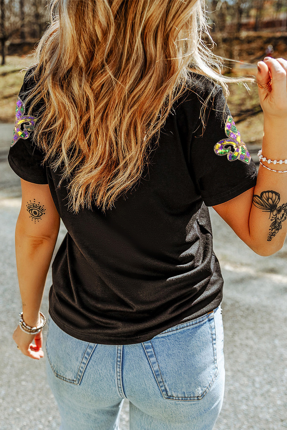 White Maid Gras Sequin Fleur de Lis Graphic T Shirt
