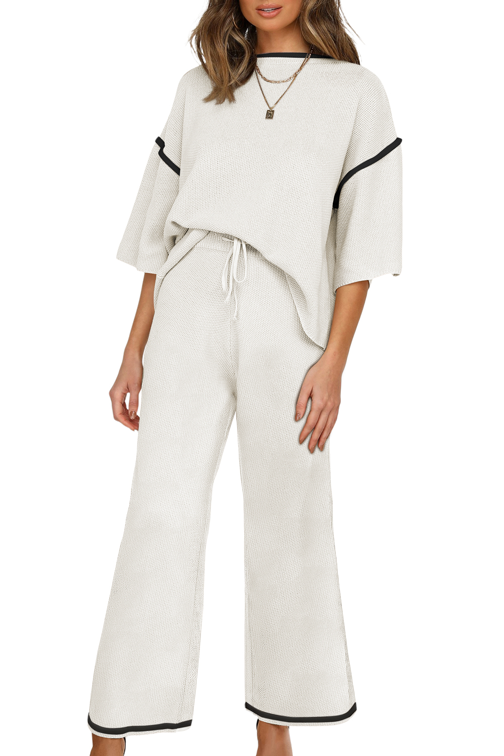 Blackish Green Contrast Trim Half Sleeve Top Drawstring Pants Loose 2pcs Sweater Suit