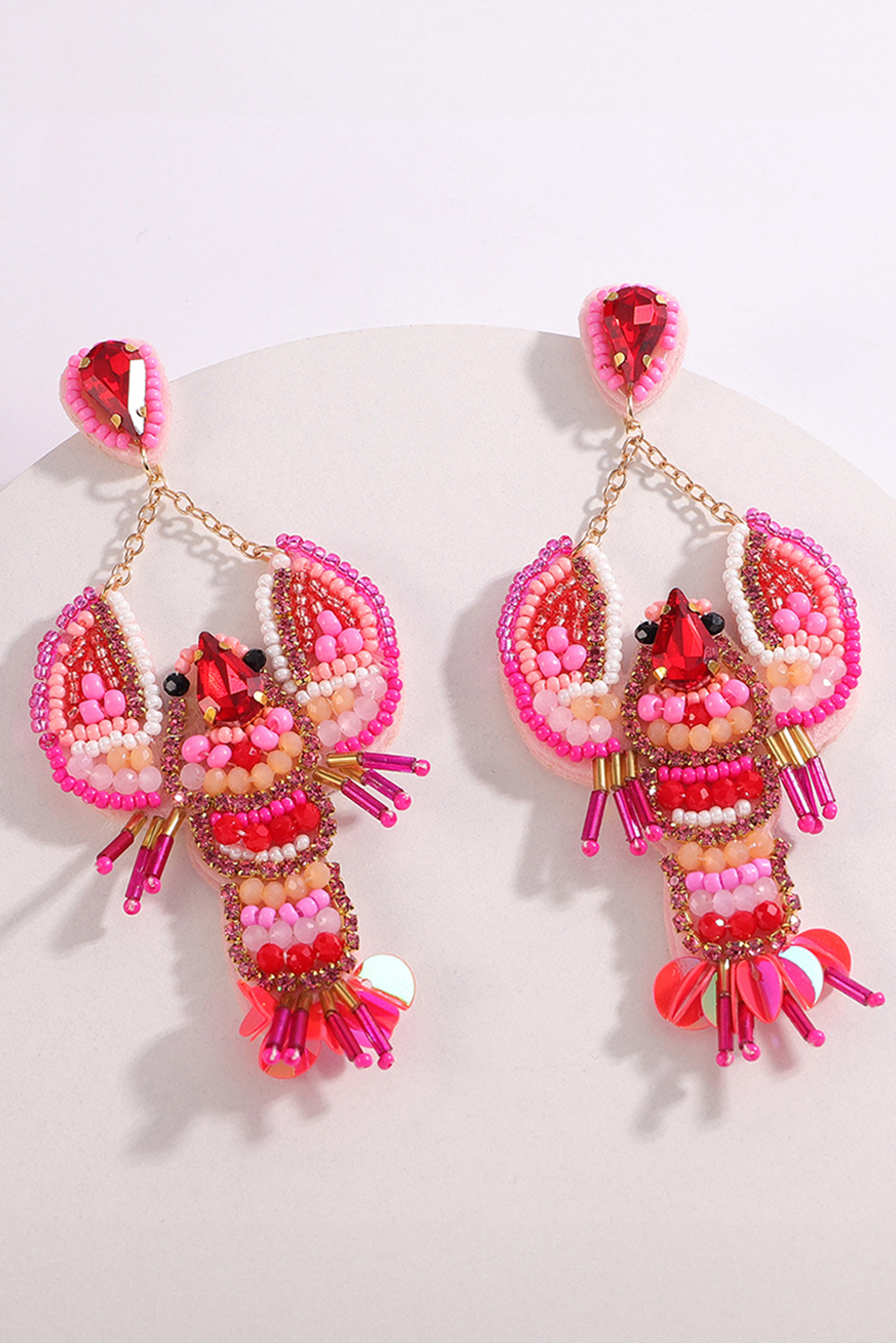 Rose Red Crystal Gem Beaded Crayfish Earrings