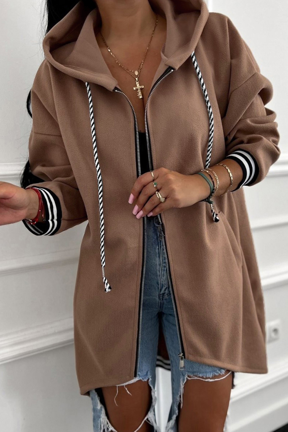 Racing Red Contrast Cuffed Drop Shoulder Zip up Tunic Hoodie