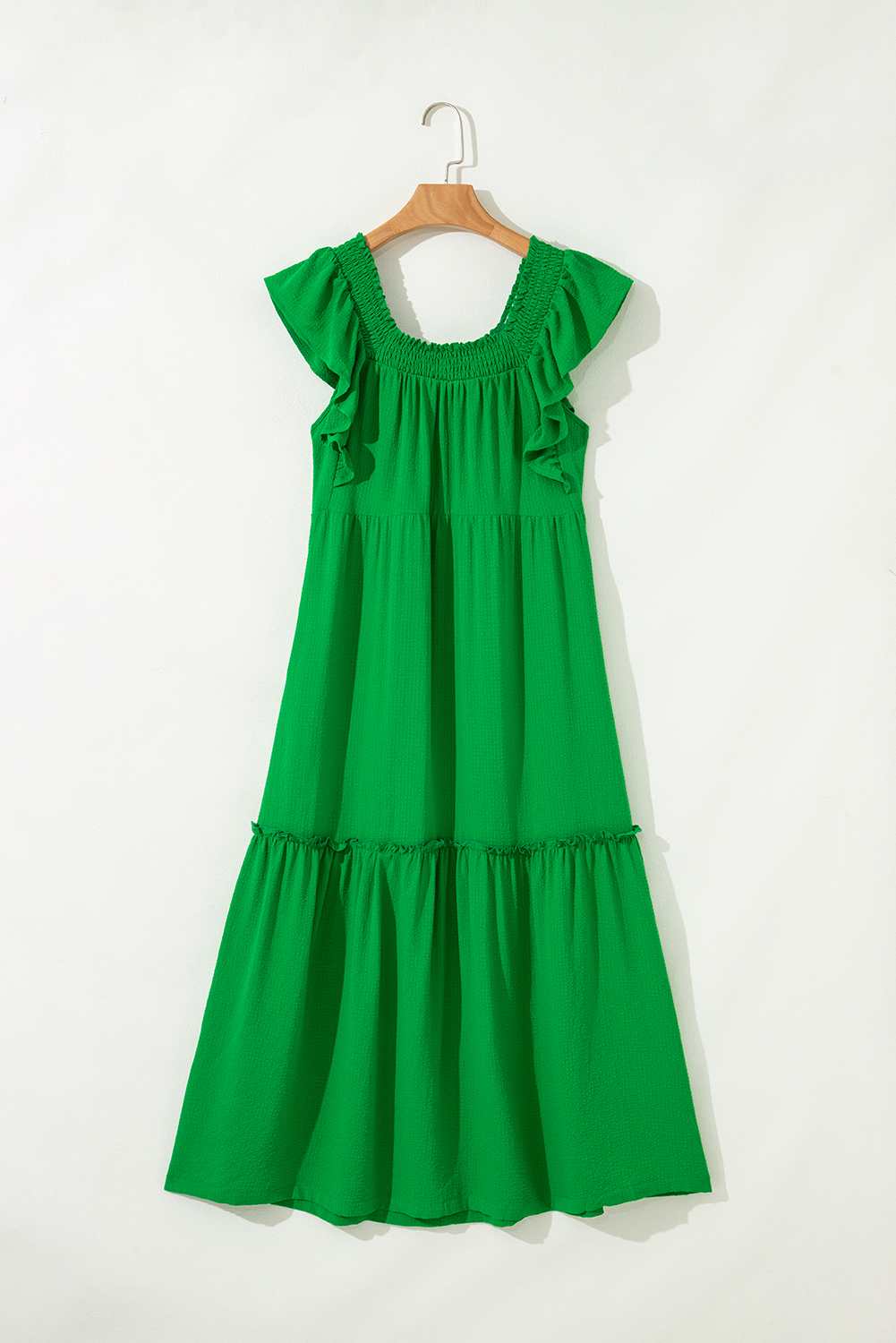 Sky Blue Ruffled Flutter Sleeve Square Neck Textured Tiered Maxi Dress