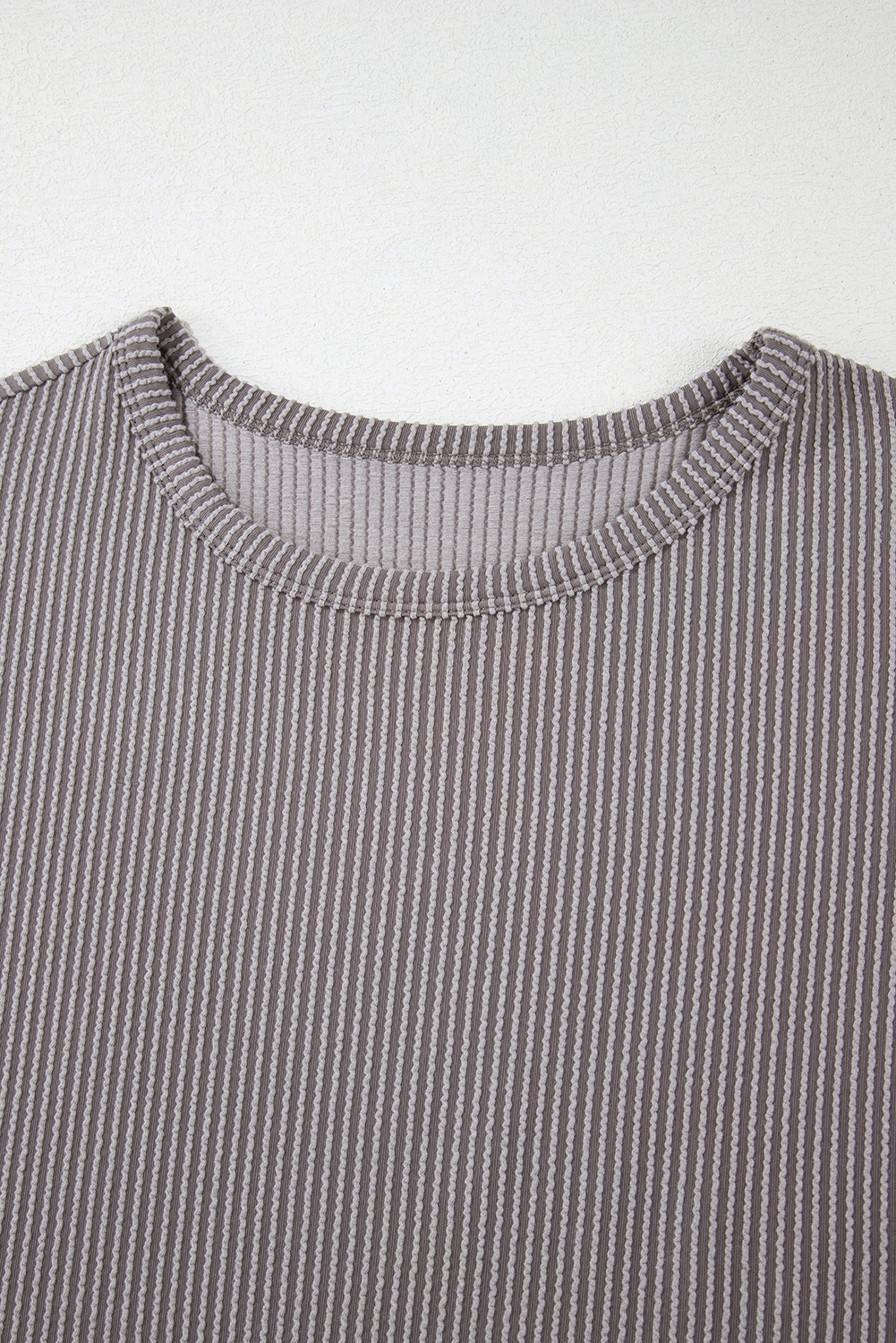 Gray Twisted Rib Wide Sleeve Crew Neck T Shirt
