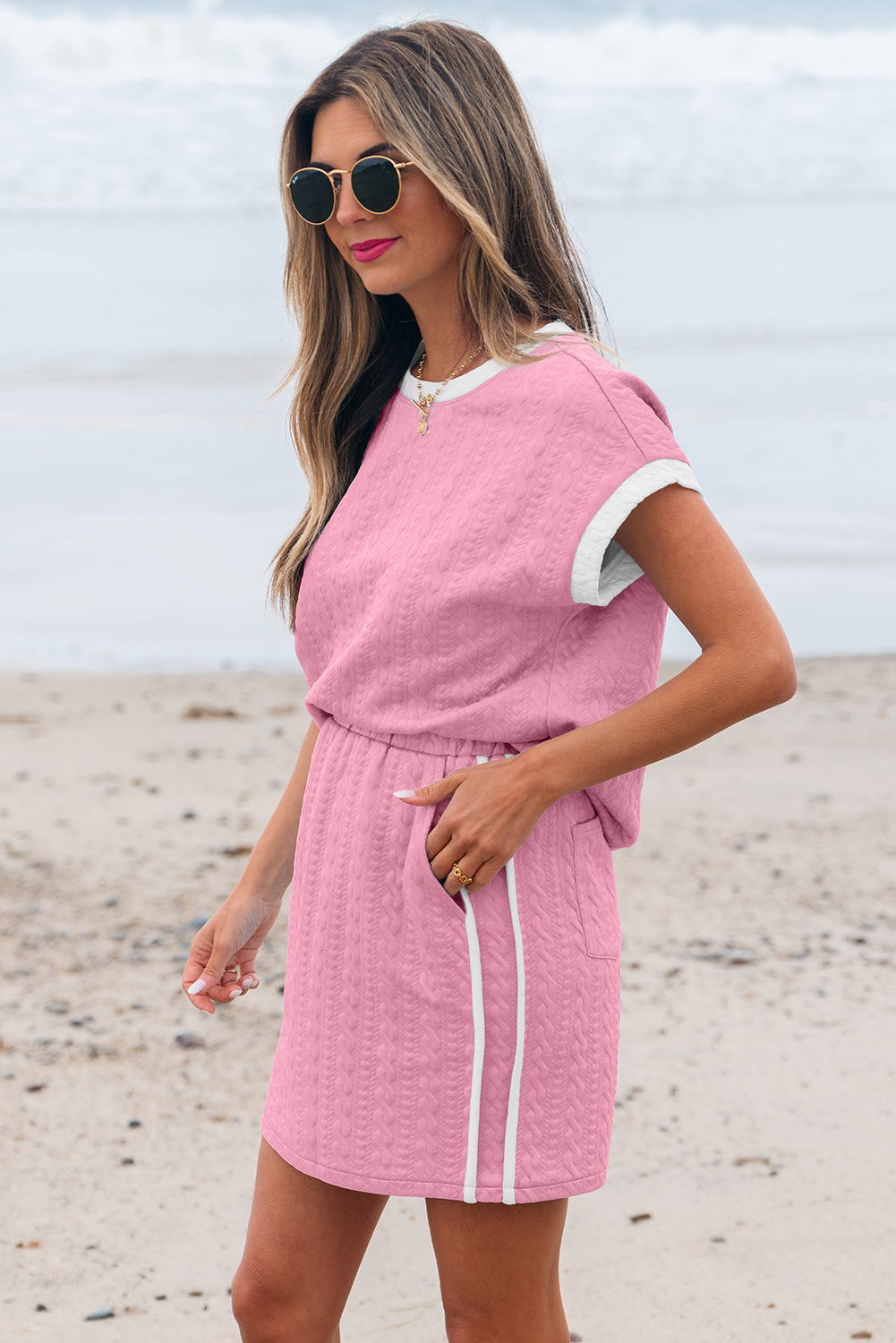 Beau Blue Contrast Trim Textured Crewneck Tee and Pocketed Skirt Set