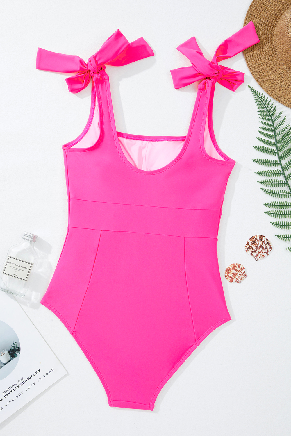 Dearlovers Rose Red Square Neck Knotted Shoulder Open Back One Piece Swimsuit