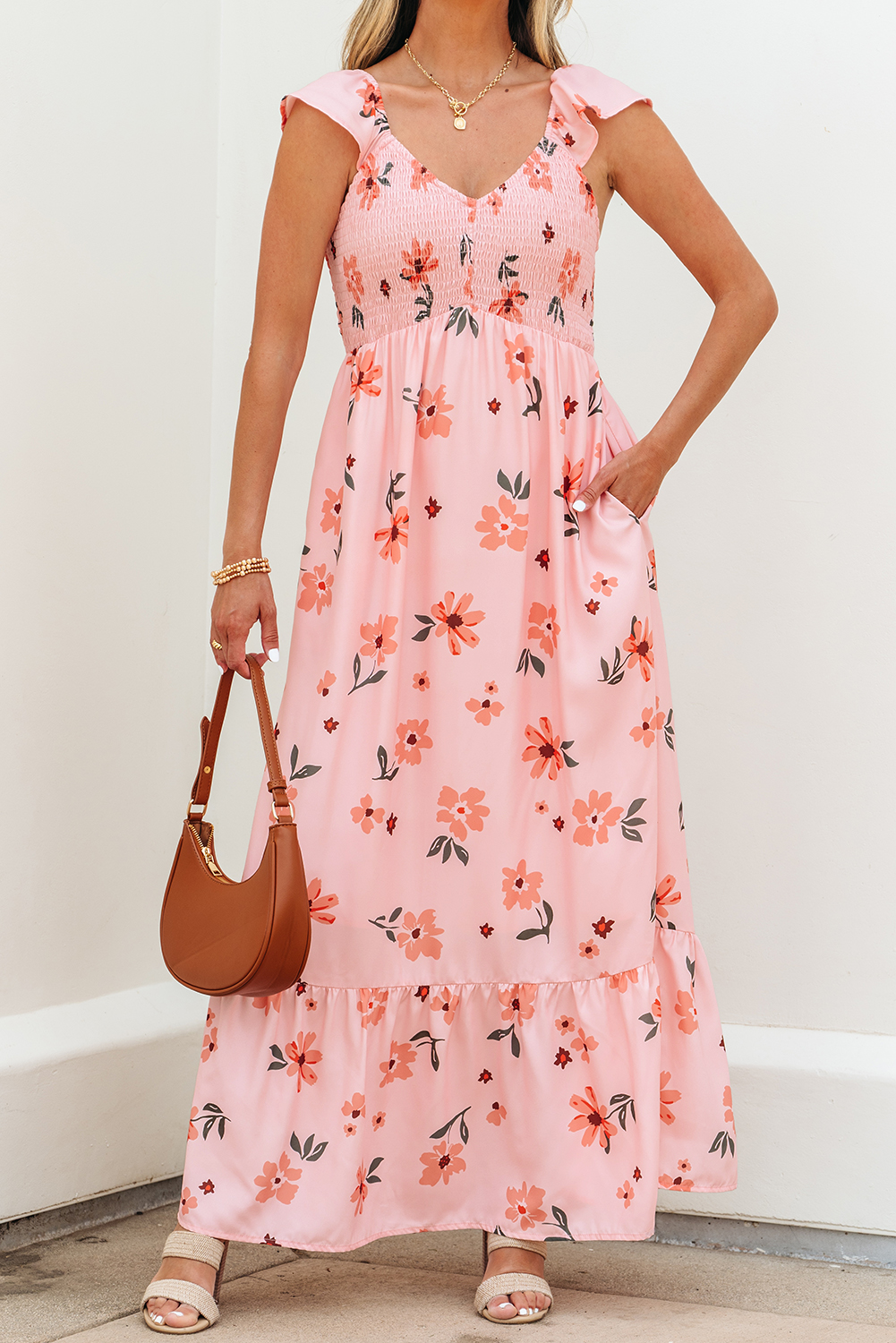 Black V Neck Flutter Sleeve Smocked Bodice High Waist Ruffle Maxi Dress