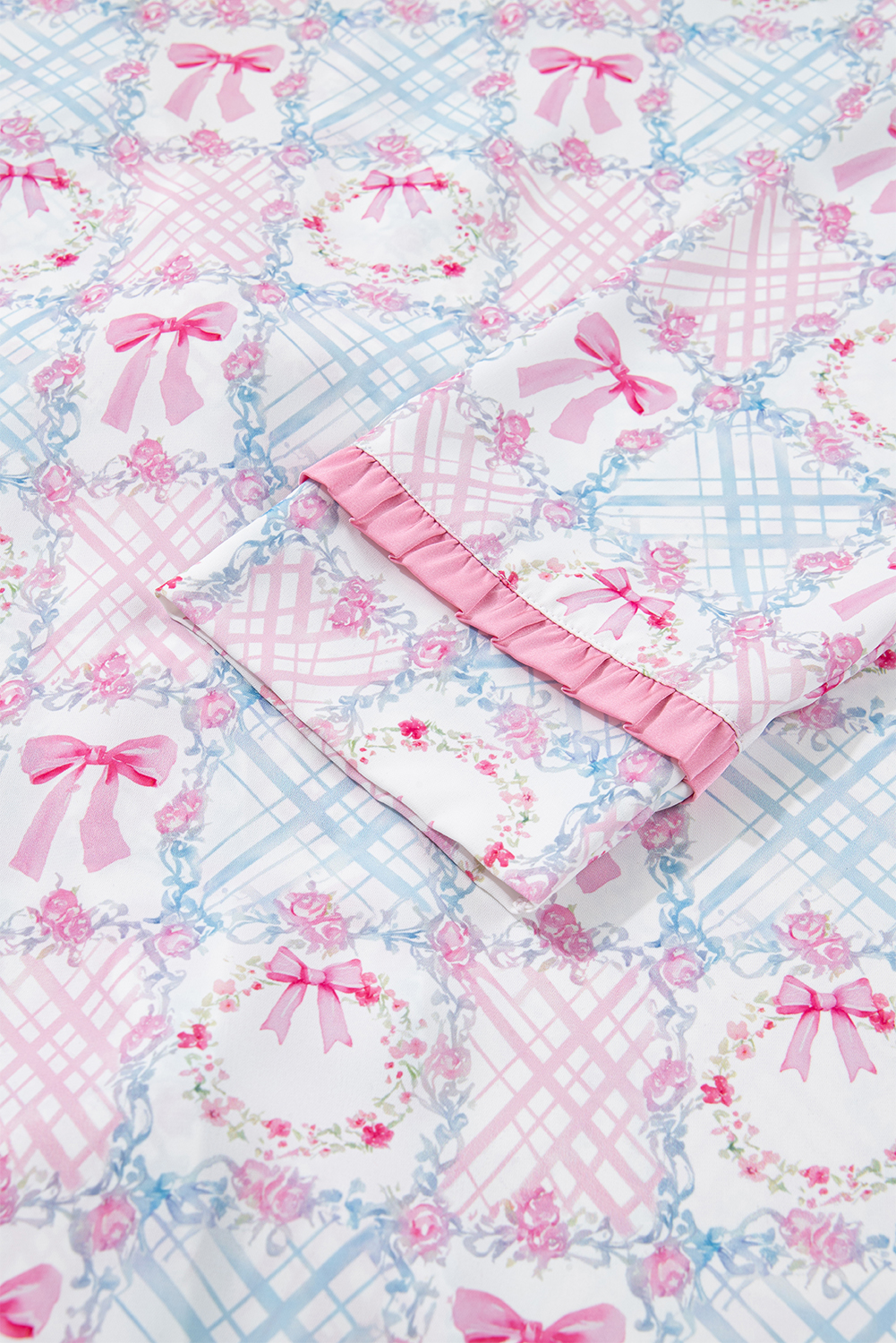Pink Bow Wreath Pattern Christmas Holiday Tied Front Long Sleeve 2pcs Pajama Set