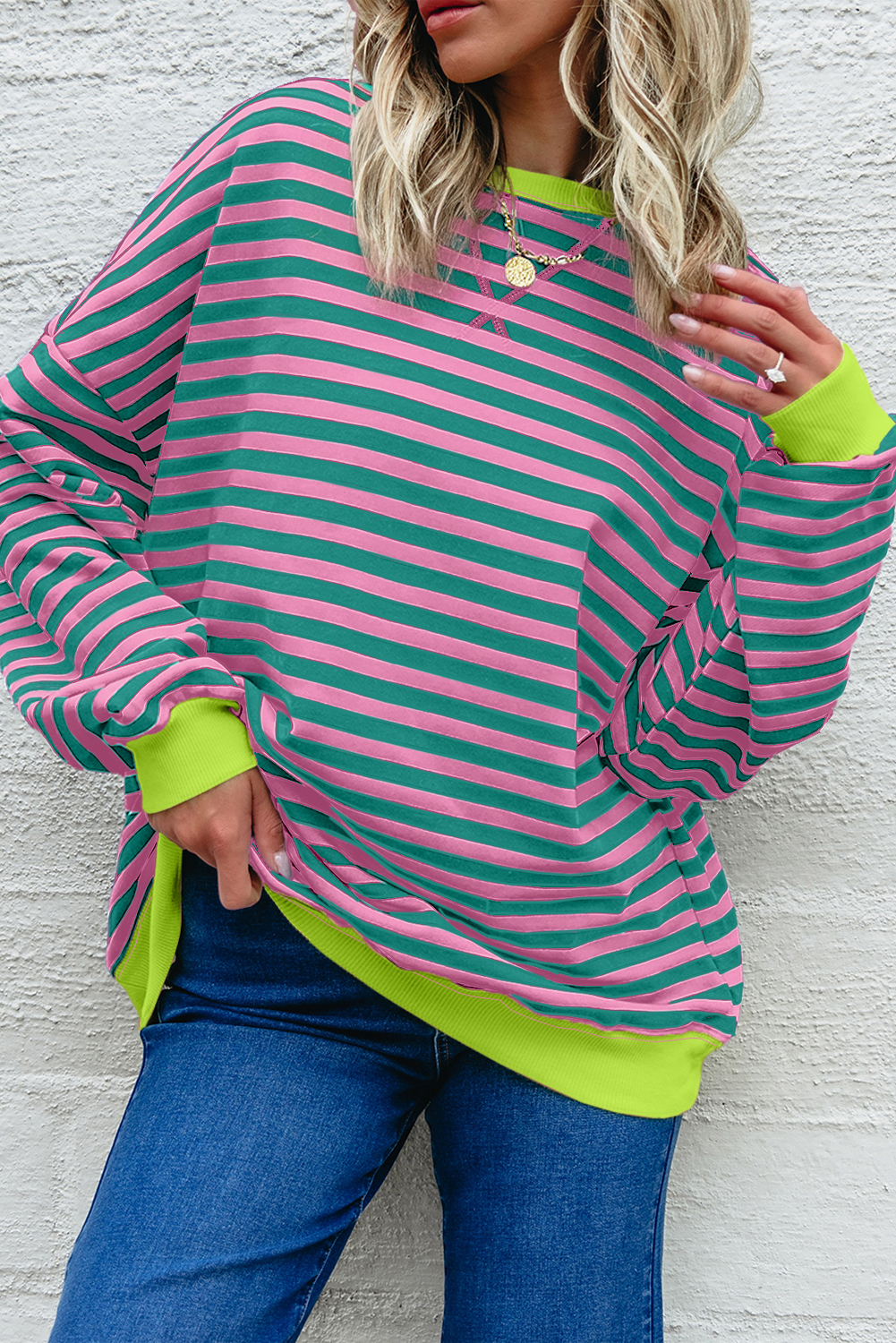 Red Stripe Contrast Ribbed Trim Crossed Stitch Drop Shoulder Sweatshirt