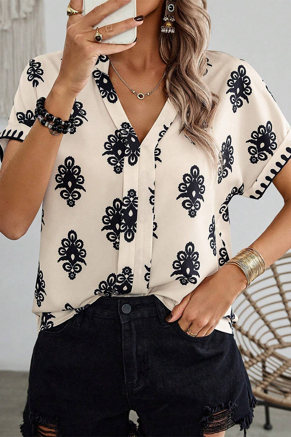 Beige Geometric Printed Sleeveless Hollowed Bowknot Back Mini Dress