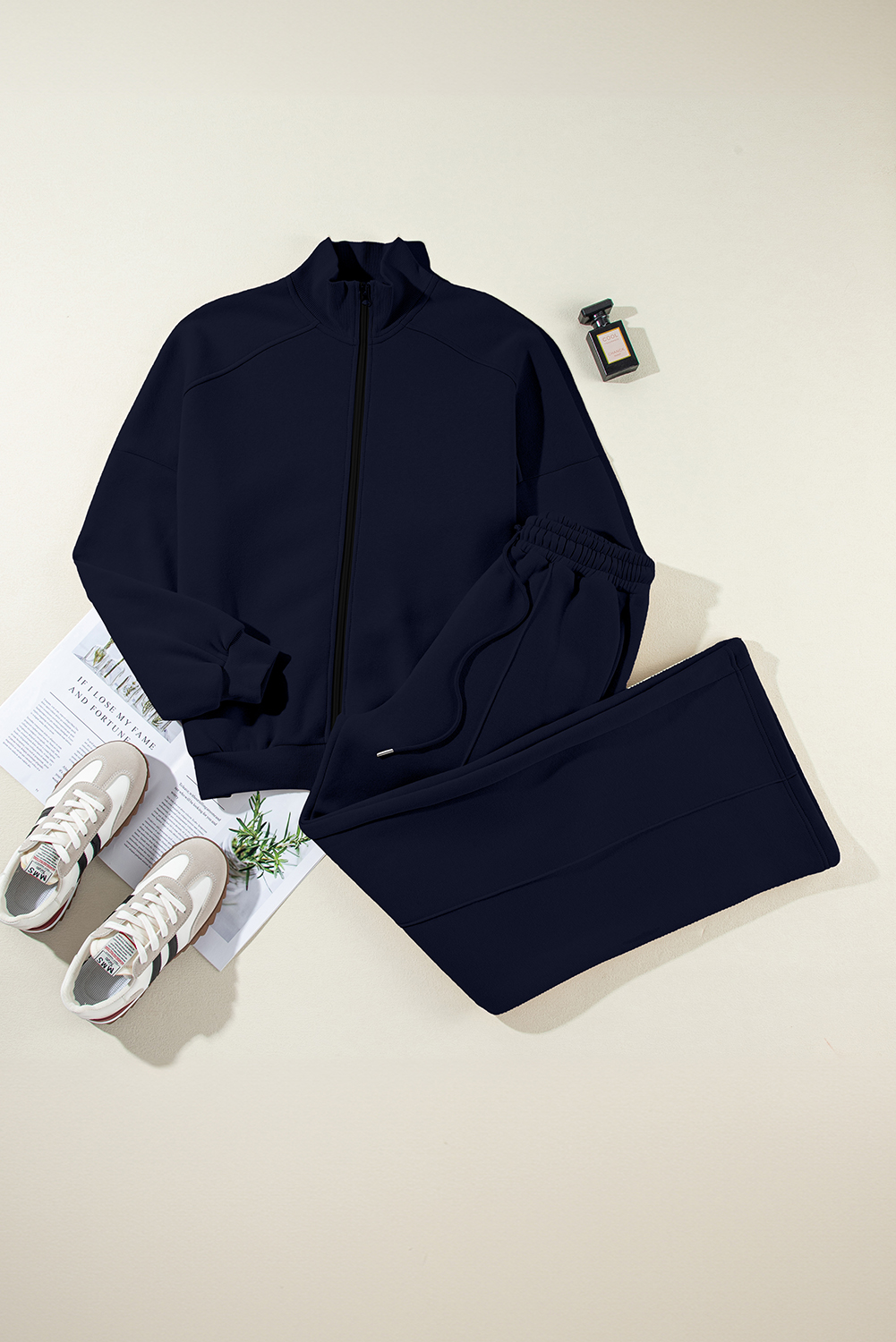 Navy Blue Drop Shoulder Zip Up Jacket Drawstring Pants Active 2pcs Set