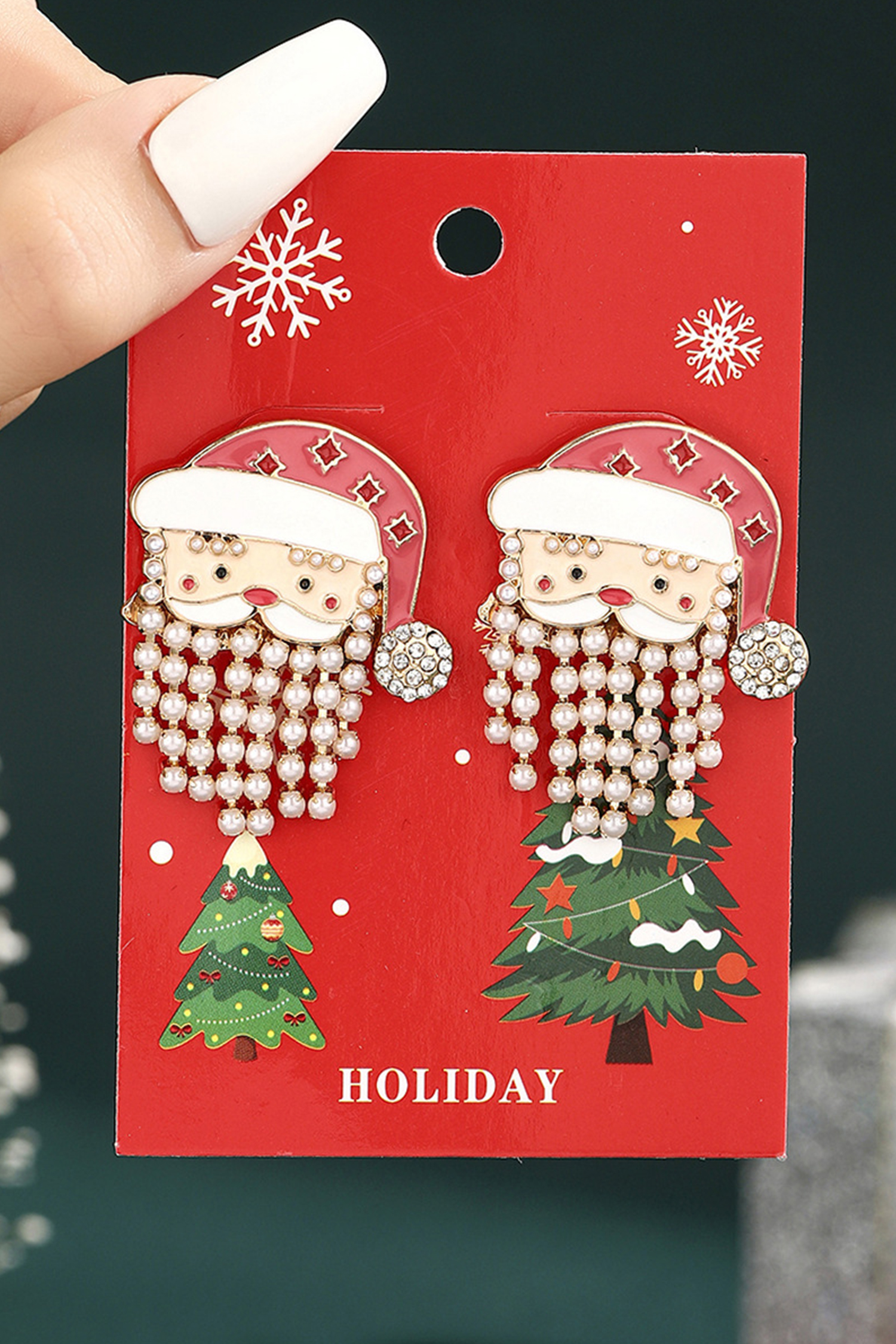 Fiery Red Pearl Beard Rhinestone Embellished Santa Claus Earrings