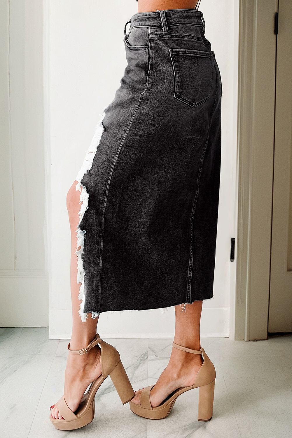 Sail Blue Dearlove Irregular Distressed Bottom Denim Midi Skirt