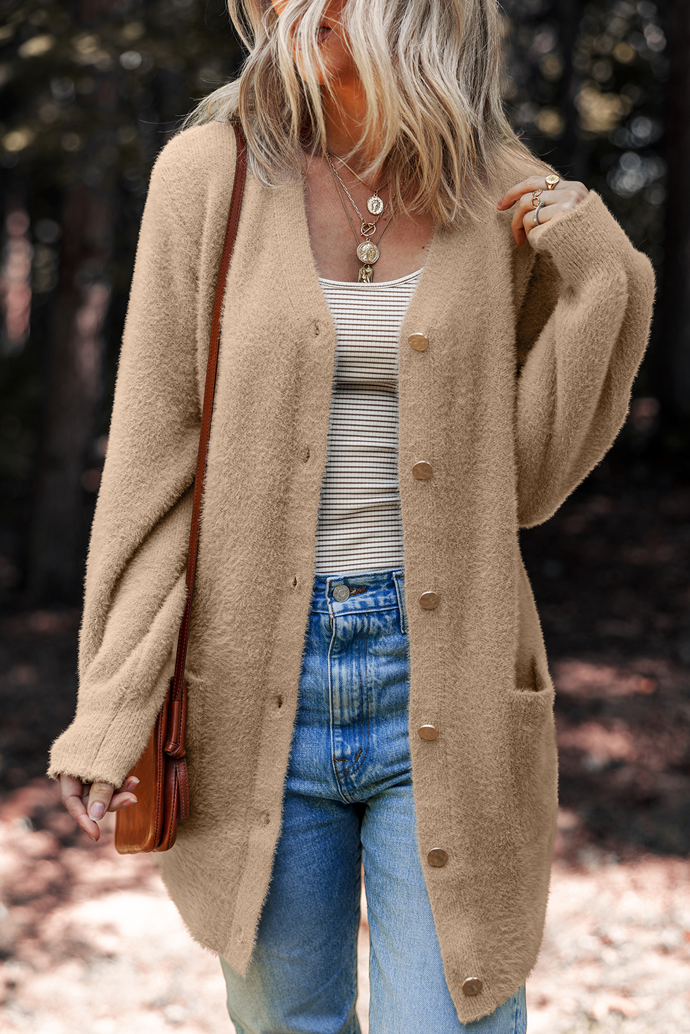 White Fuzzy Buttoned Front Midi Solid Cardigan