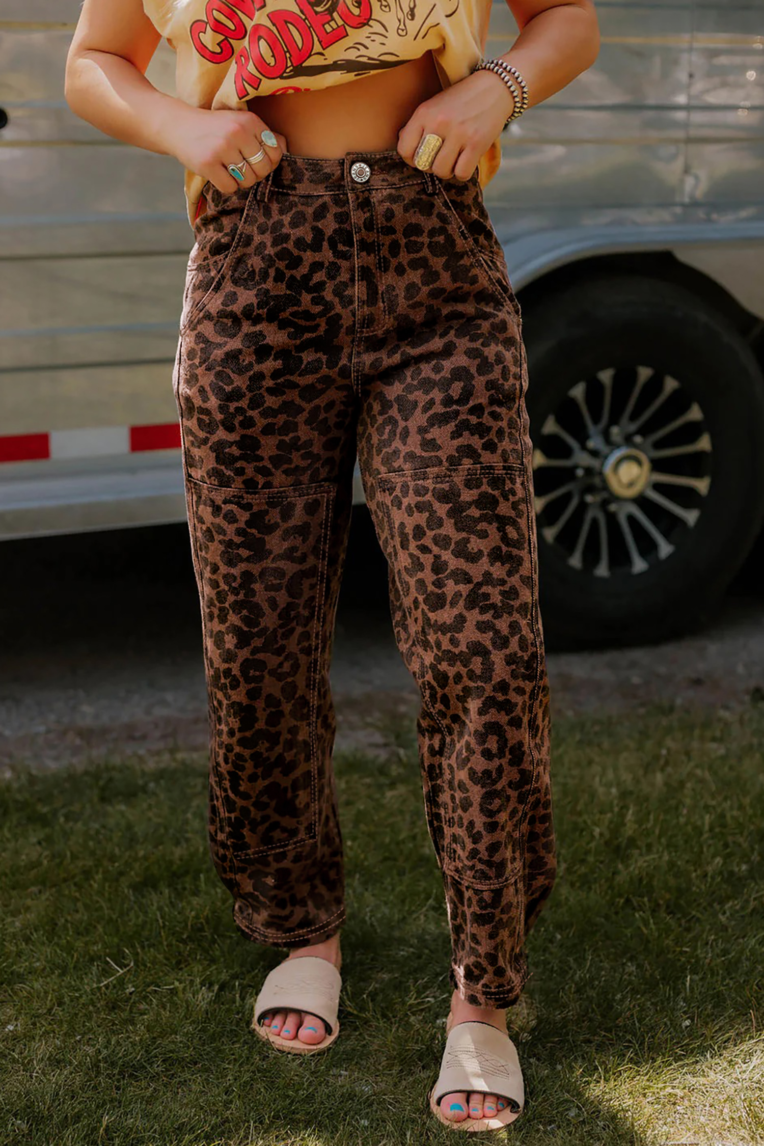 Brown Clear Seam Detail Patchwork Leopard Print Jeans