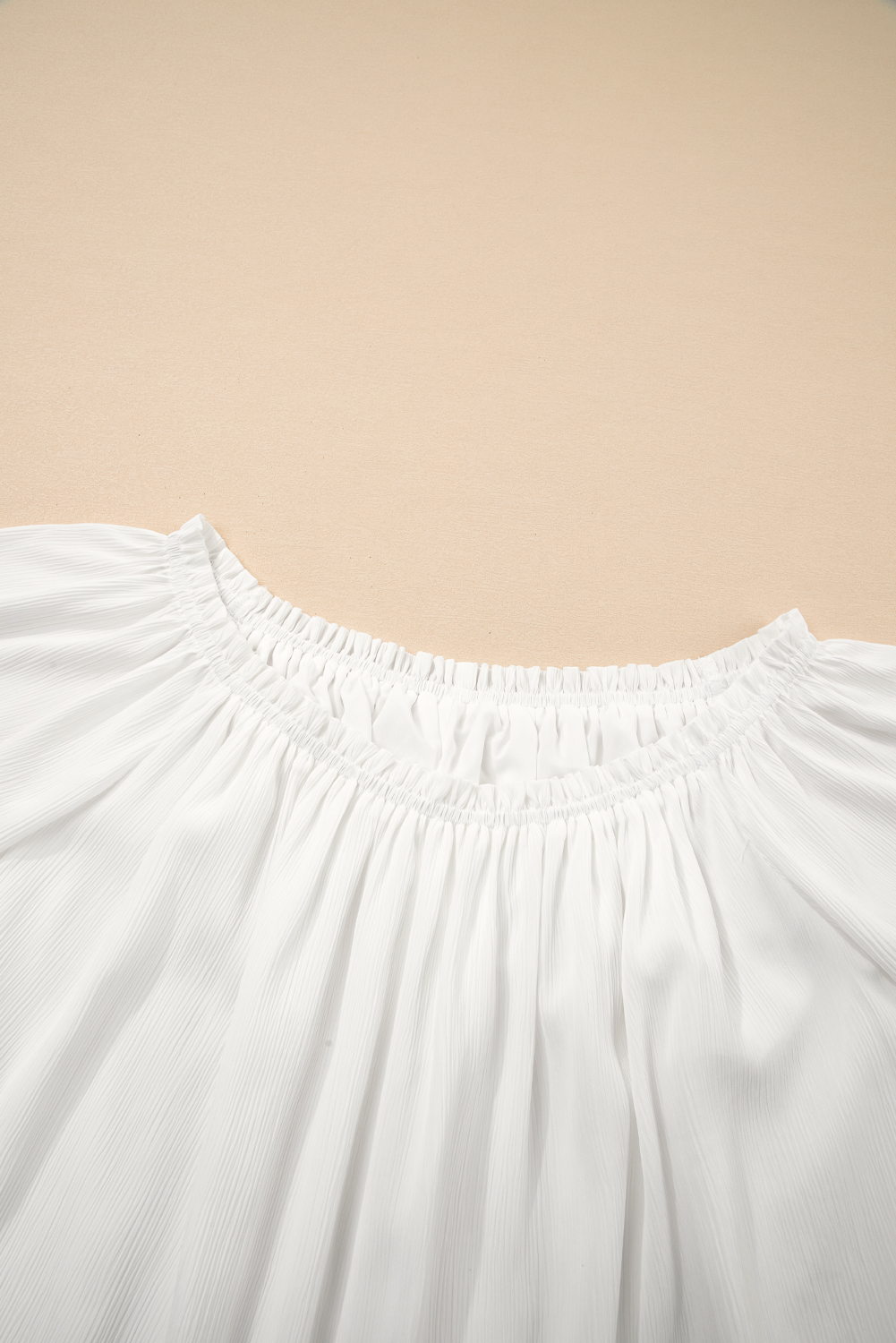 White Frilly Off Shoulder Lace Insert Sleeve Textured Blouse