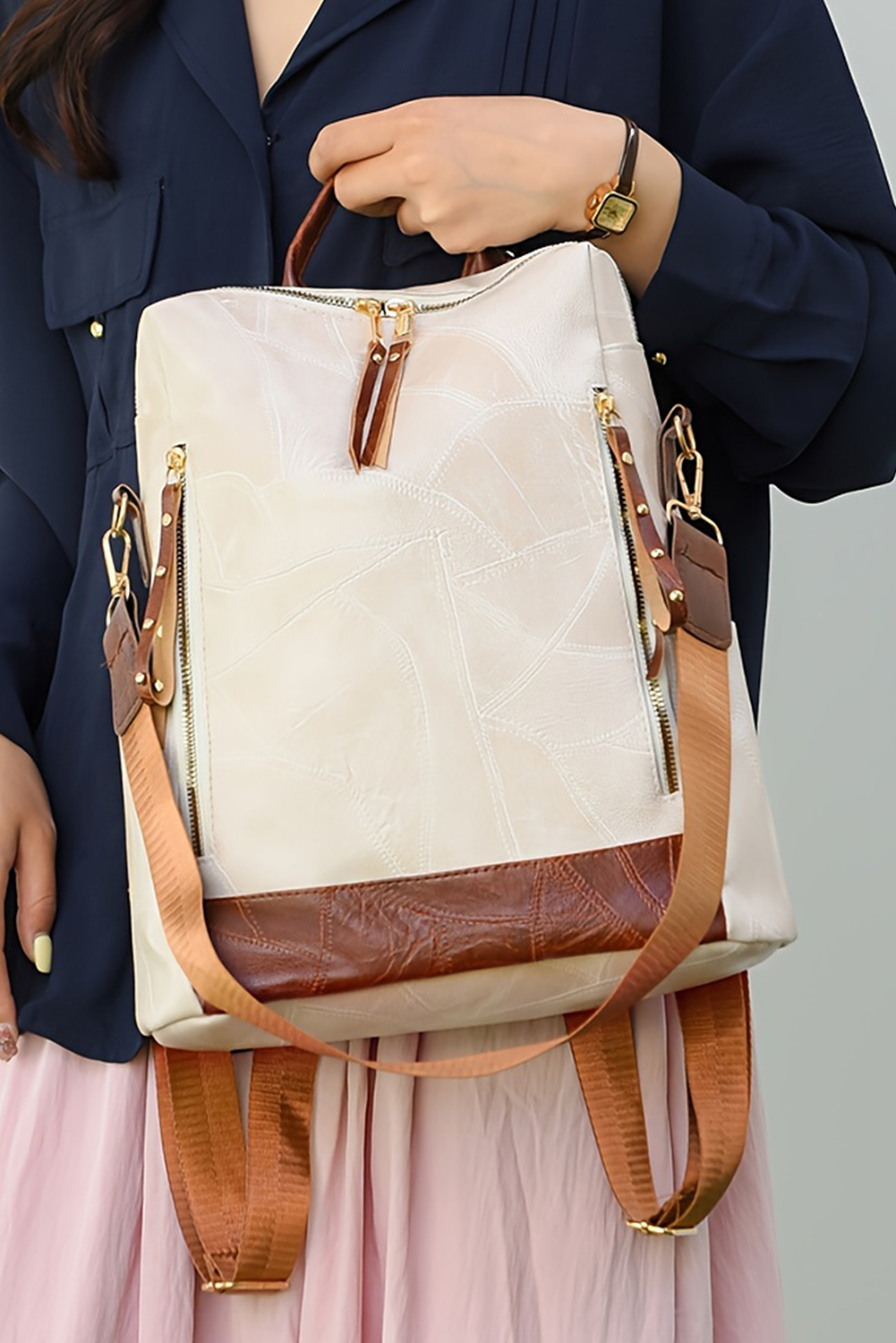 White Multi Compartment Zipper PU Leather Large Capacity Backpack