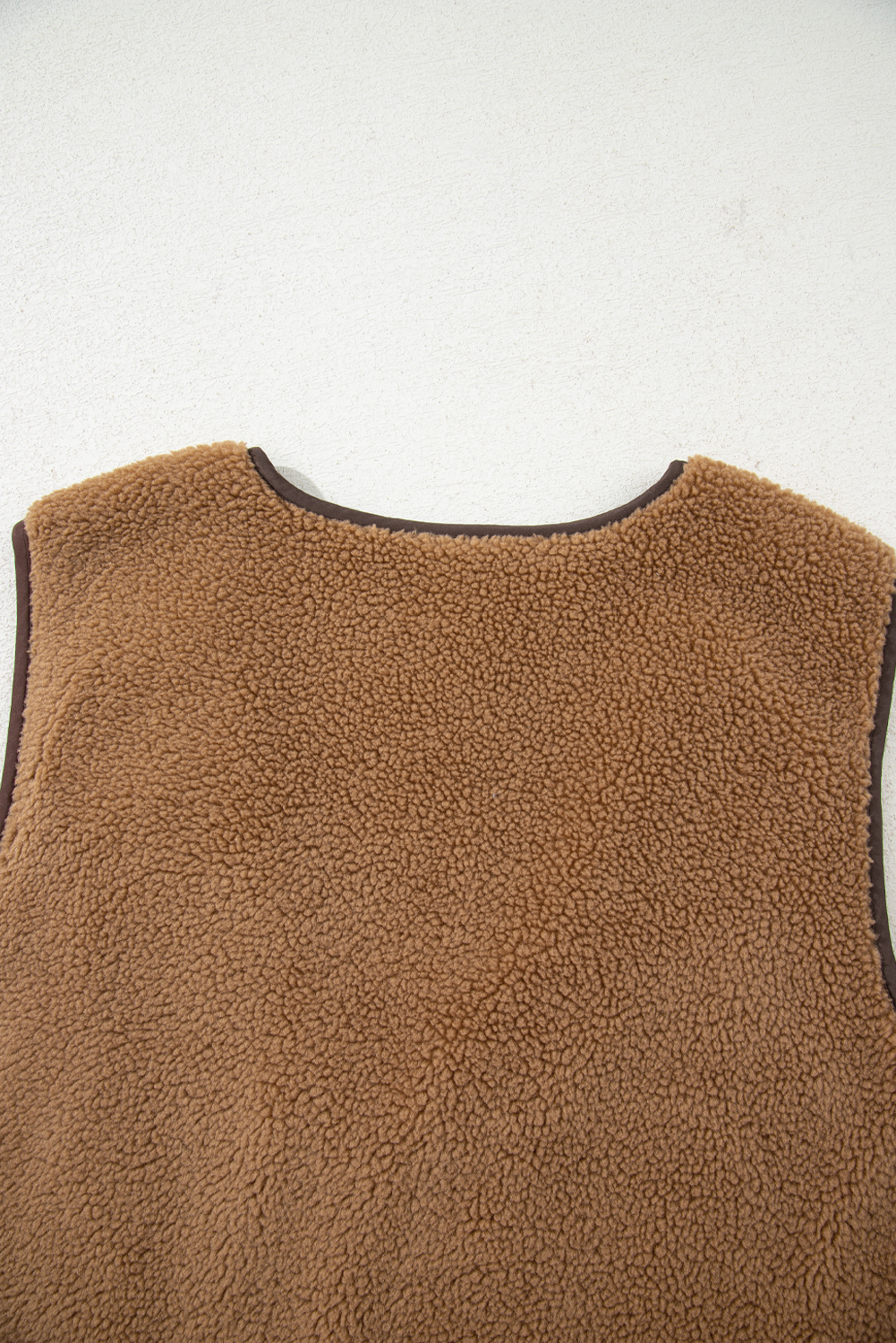 Light French Beige Contrast Trim Tie Front Sherpa Vest