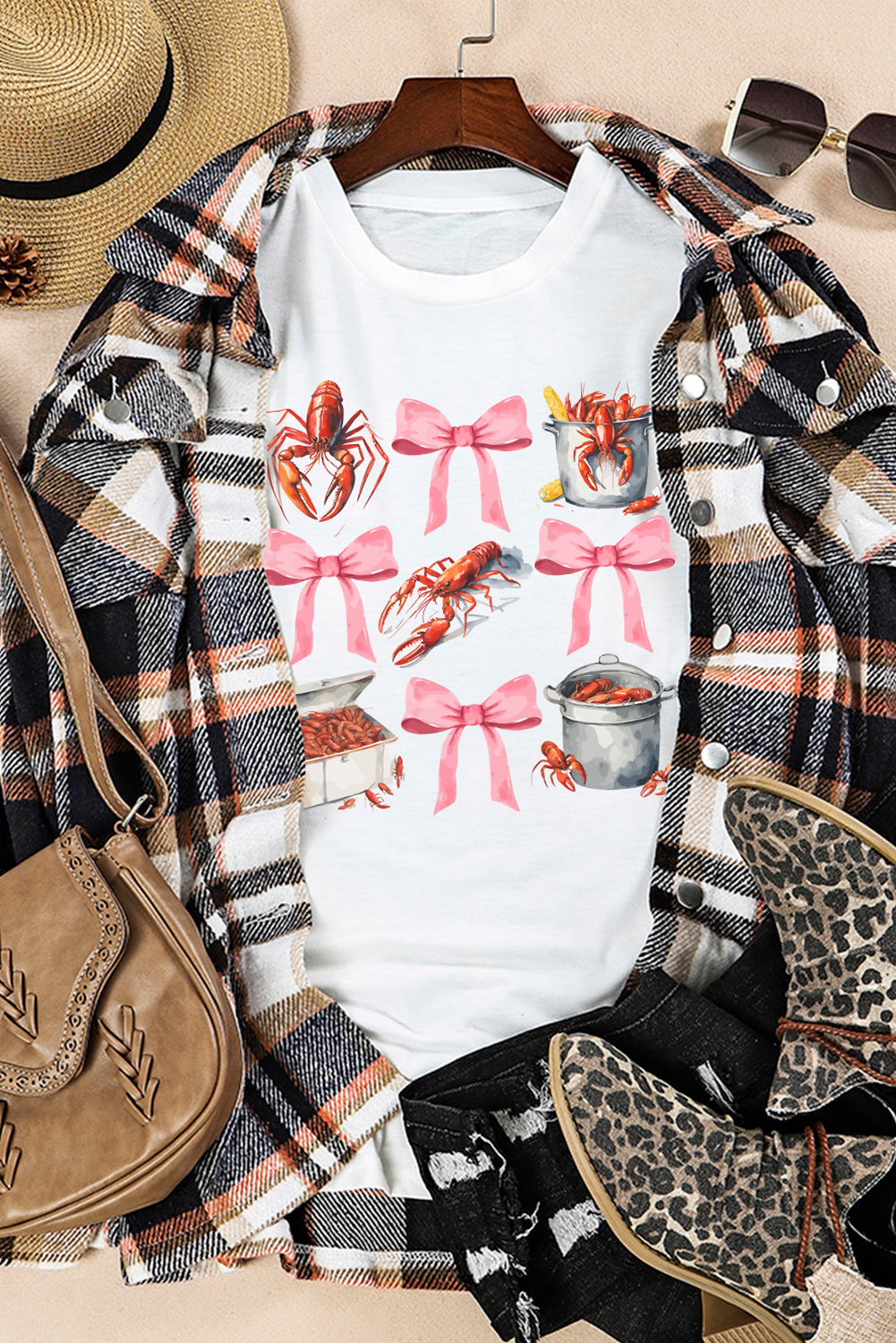 White Crawfish Boil Bow Graphic Crewneck Tee