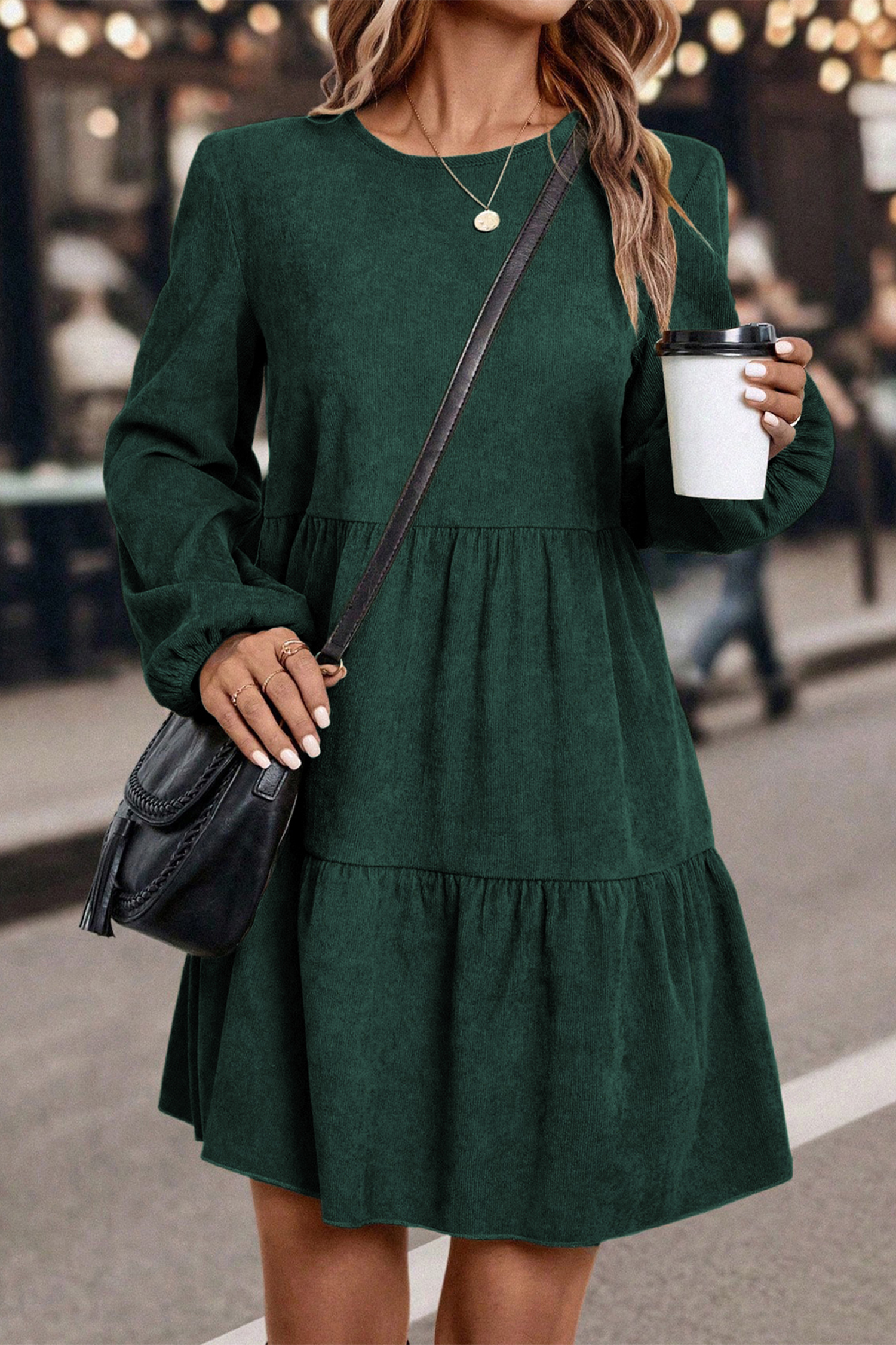 Black Lantern Sleeve Tiered Mini Dress