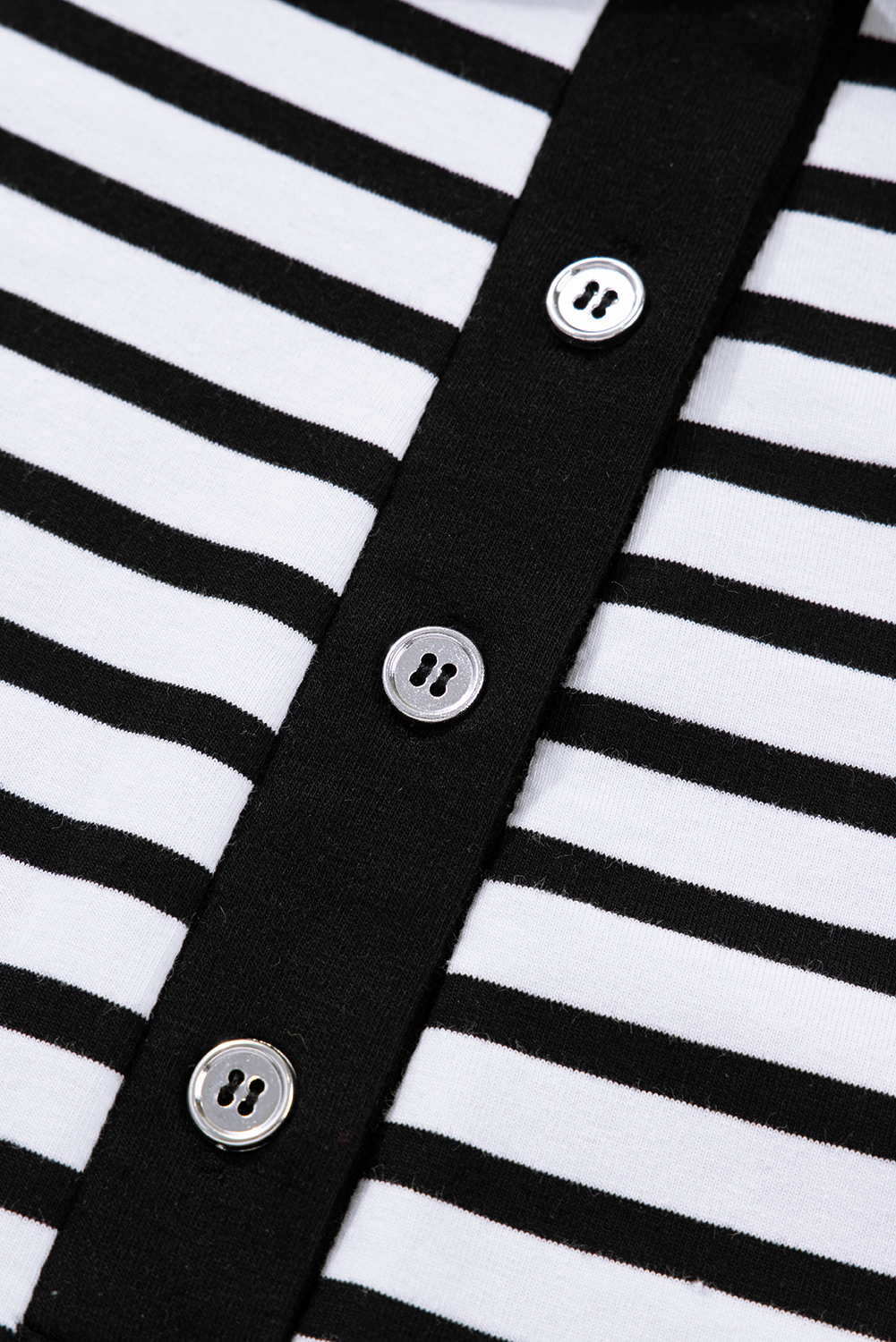 White Stripe Buttoned Front Collared Long Sleeve T Shirt Dress with Pockets