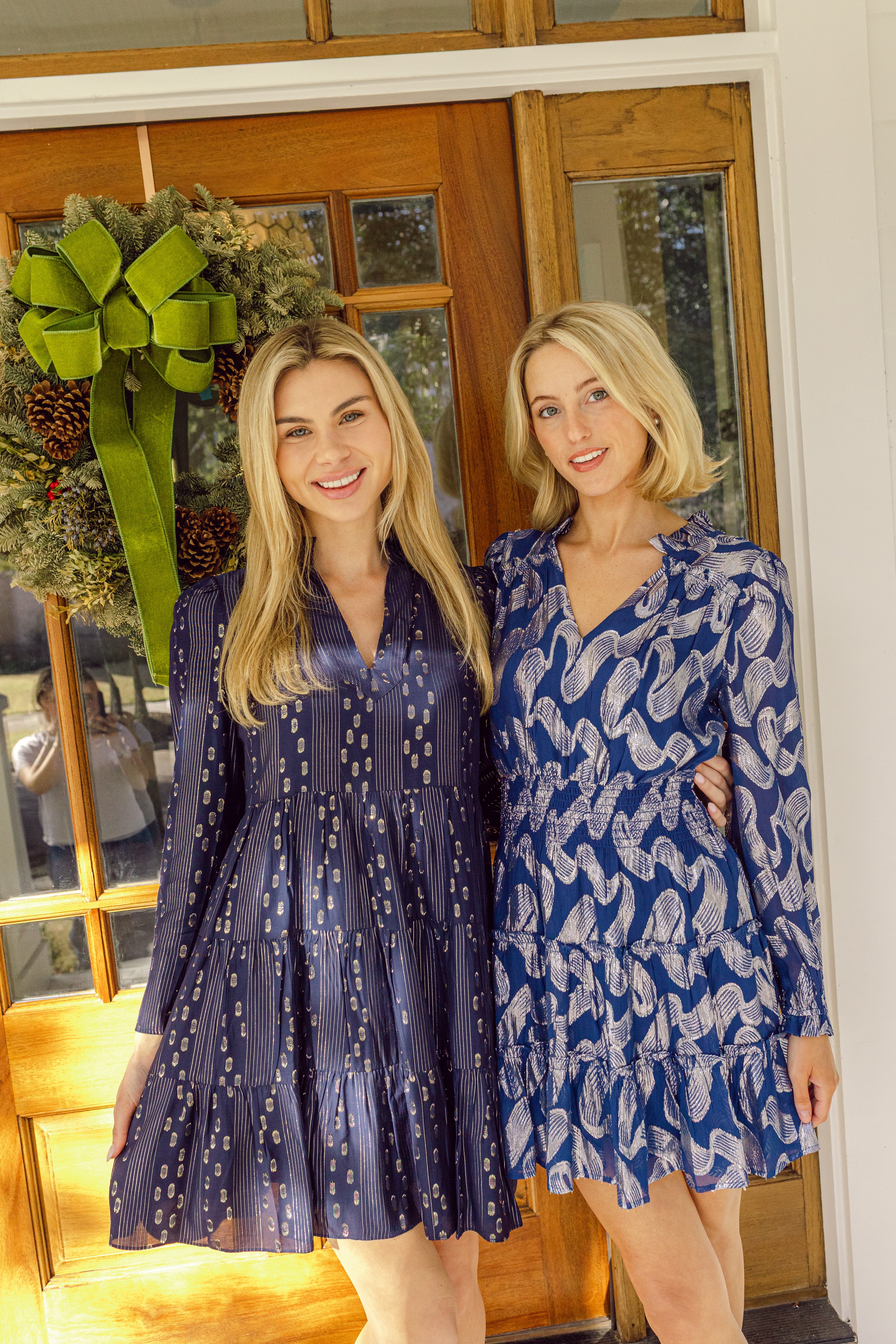 Navy & Gold Lurex Long Sleeve Tunic Flare Dress - luftunsa