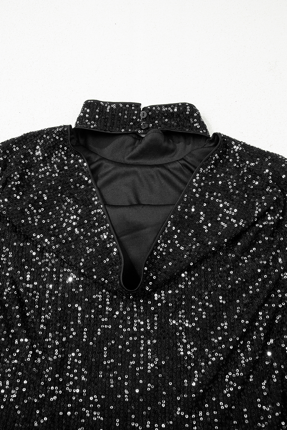 Jet Stream Sequin Mock Neck Drape Open Back Bell Sleeve Top