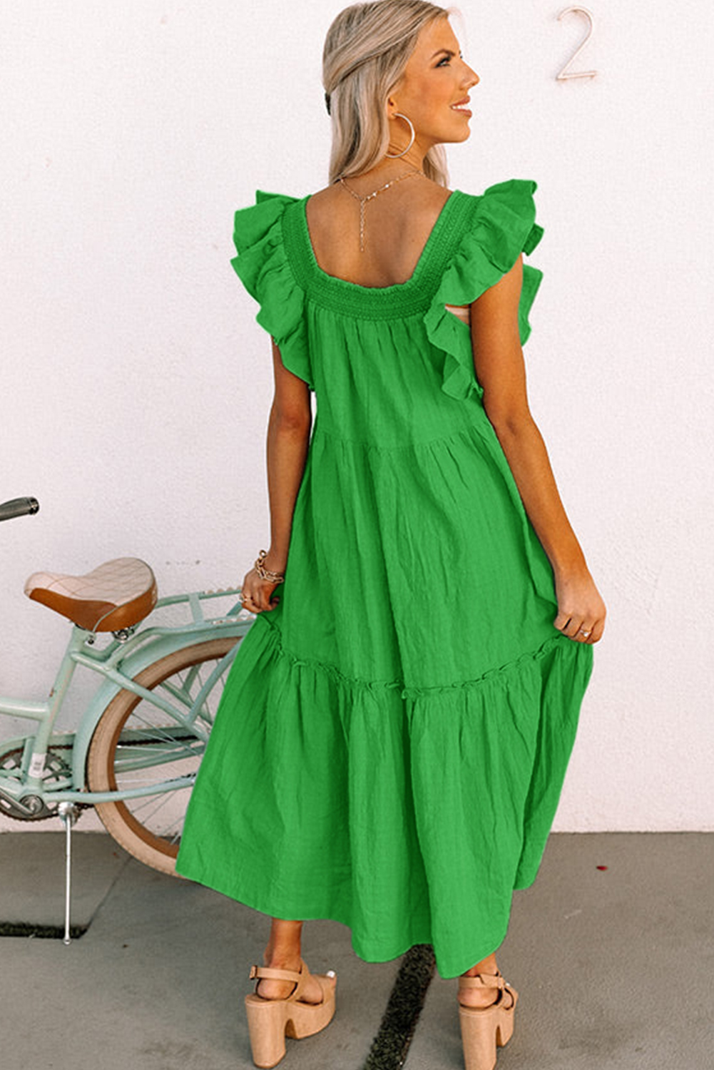 Sky Blue Ruffled Flutter Sleeve Square Neck Textured Tiered Maxi Dress