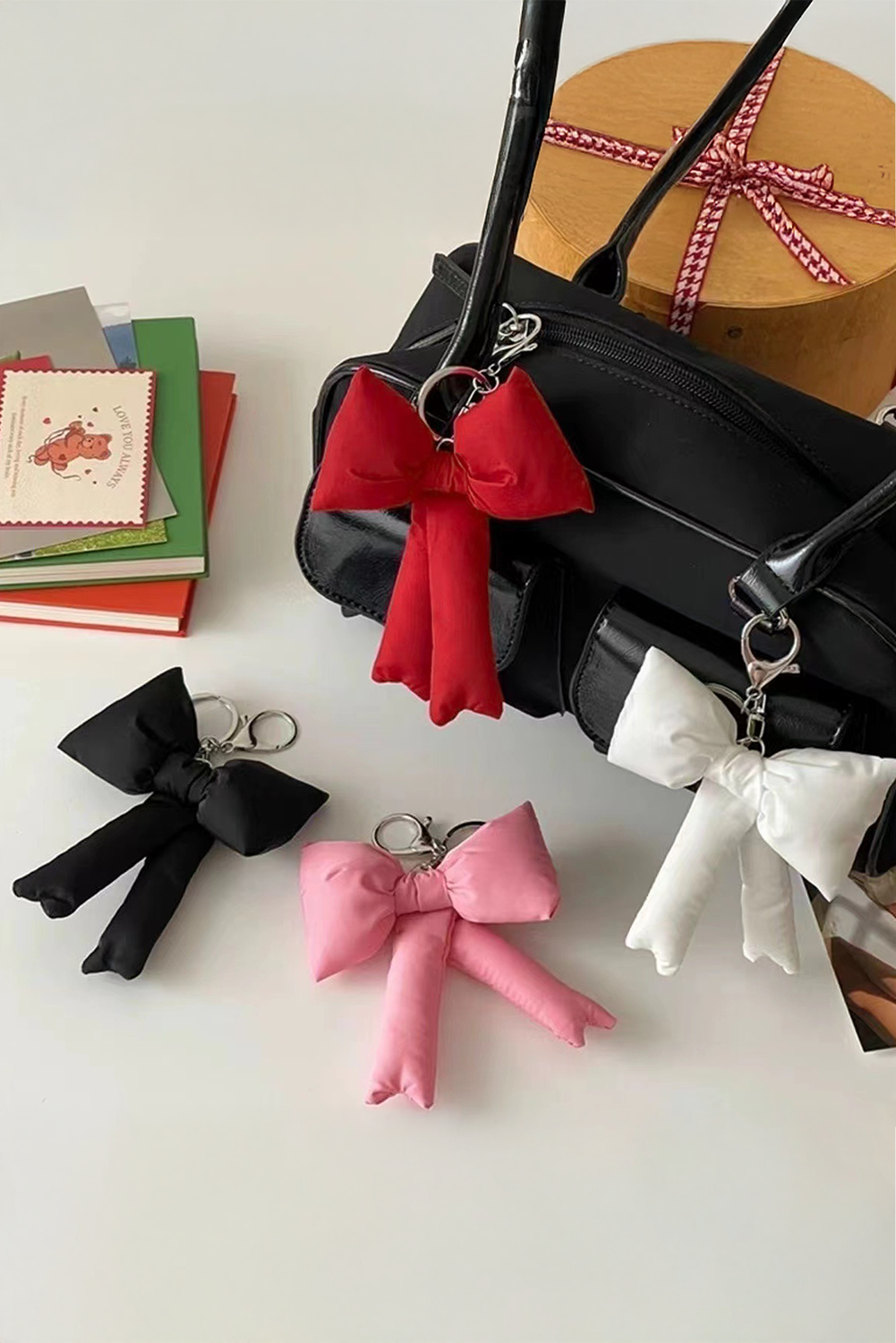 Pink Gingham Puffer Bow Knot Bag Pendant Keychain