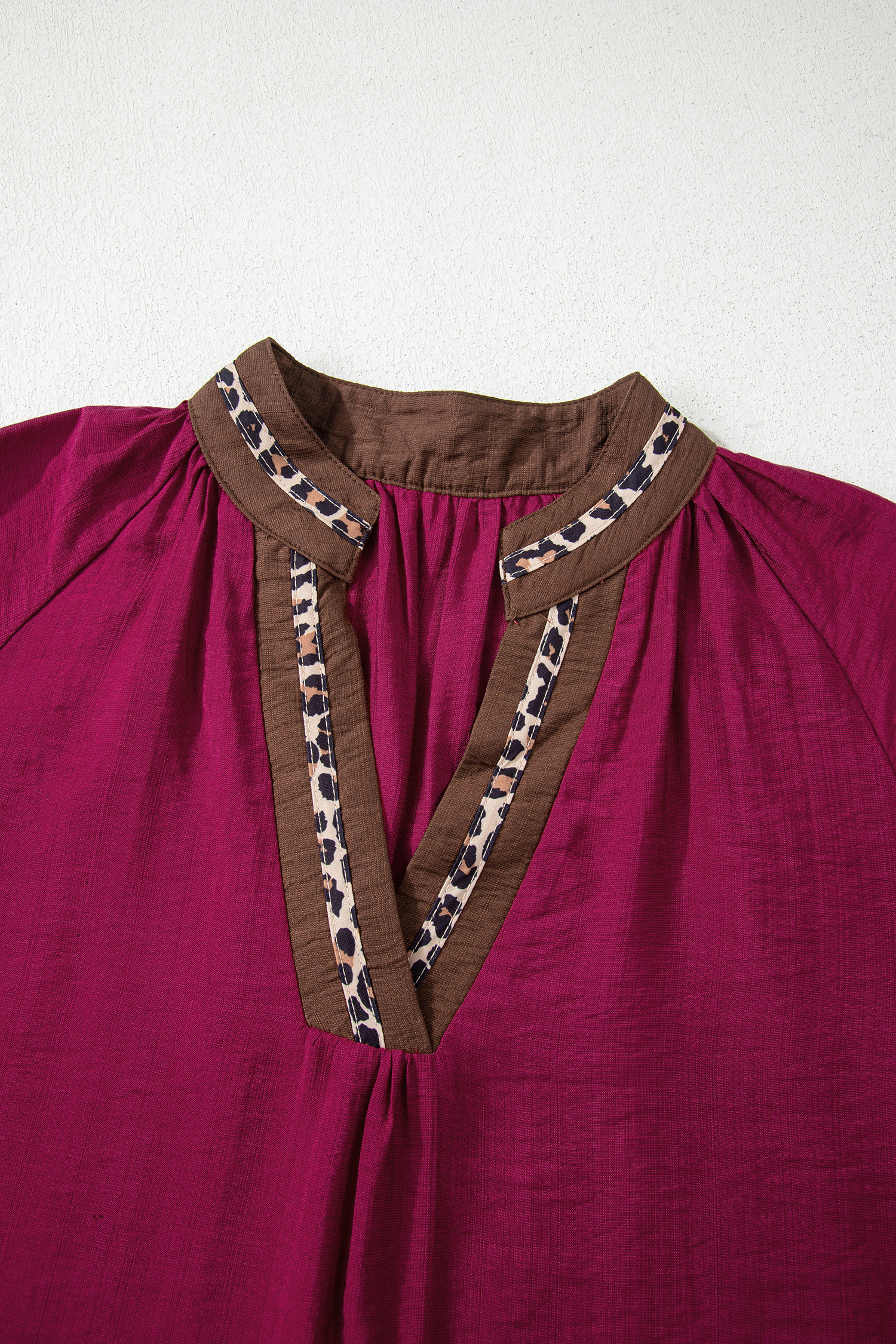 Dirty blue Leopard Trim V Neck Flounced Bracelet Sleeve Blouse
