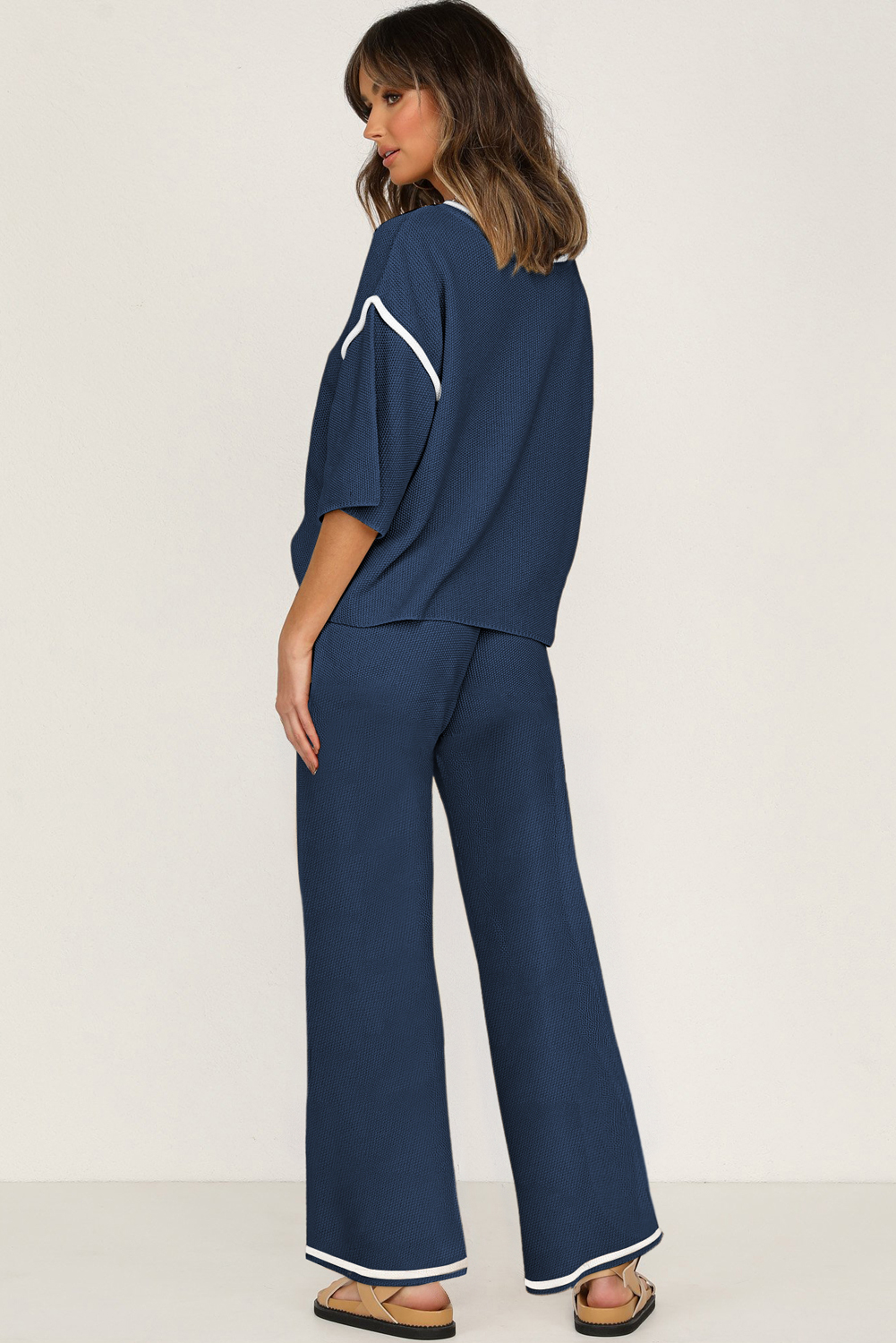 Blackish Green Contrast Trim Half Sleeve Top Drawstring Pants Loose 2pcs Sweater Suit