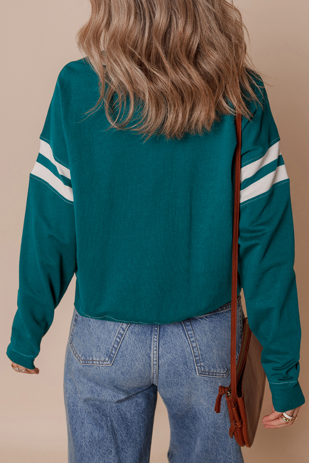 Blackish Green Contrast Striped Patchwork Round Neck Drop Shoulder Sweatshirt