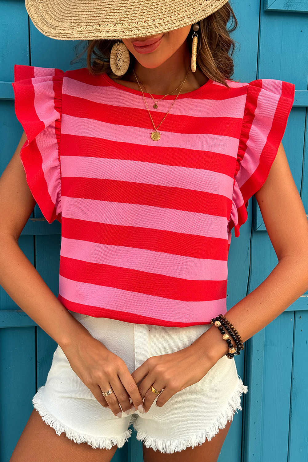 Green Stripe Flutter Sleeve Round Neck Shift Dress