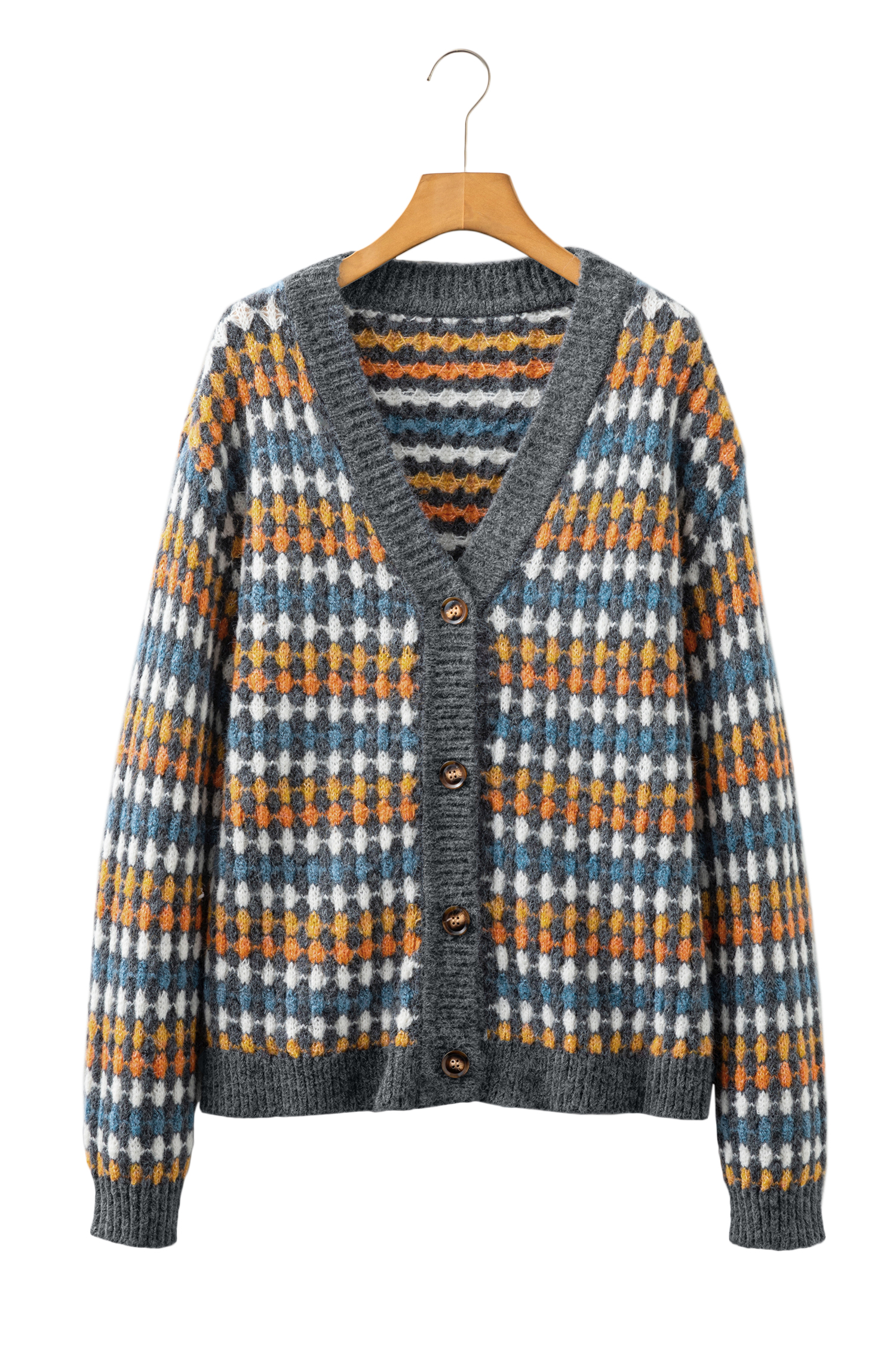 Gray Dotty Pattern Knit Button Front V Neck Sweater Cardigan