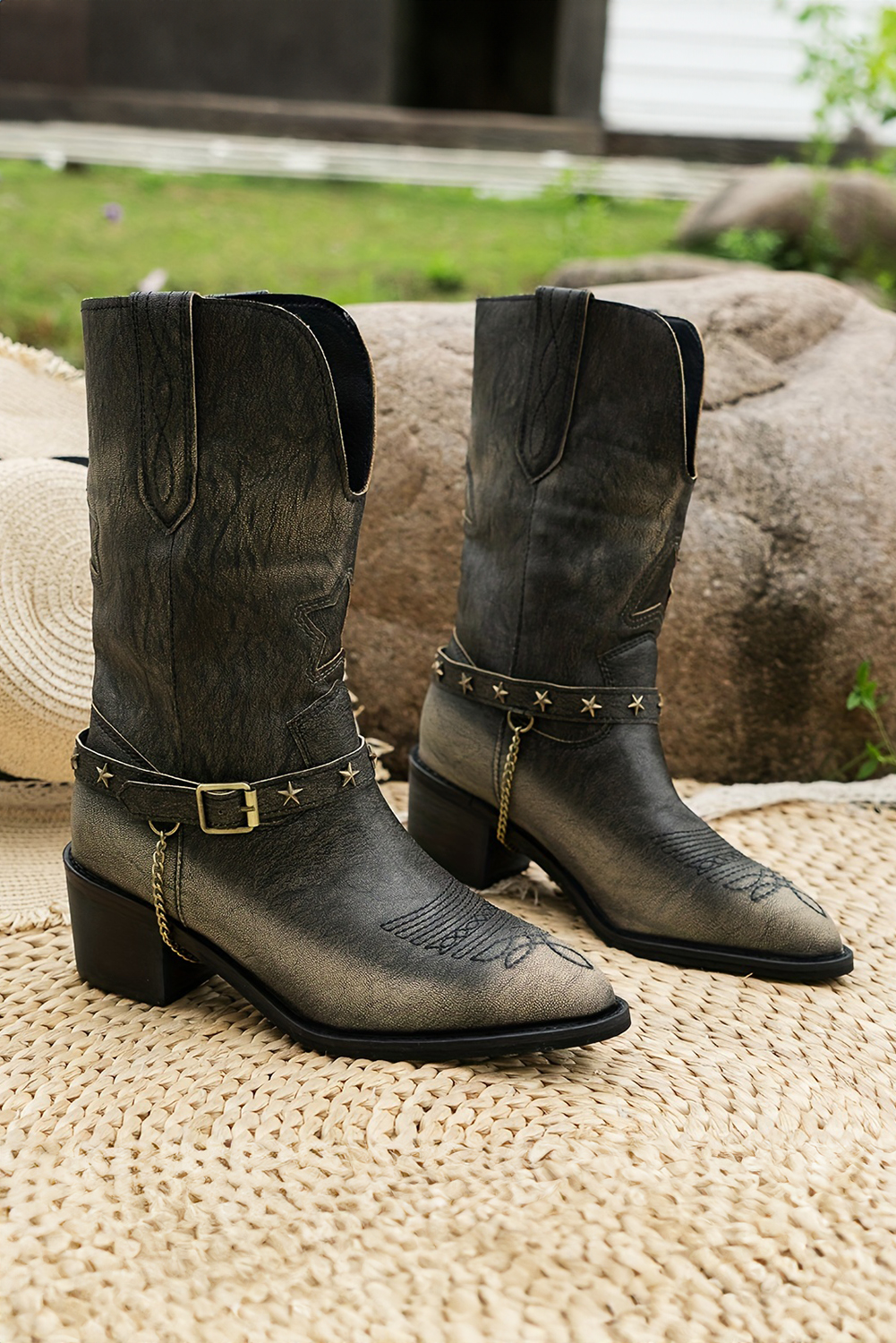 Dark Brown Western Distressed Pointed Toe Chunky Heel Boots