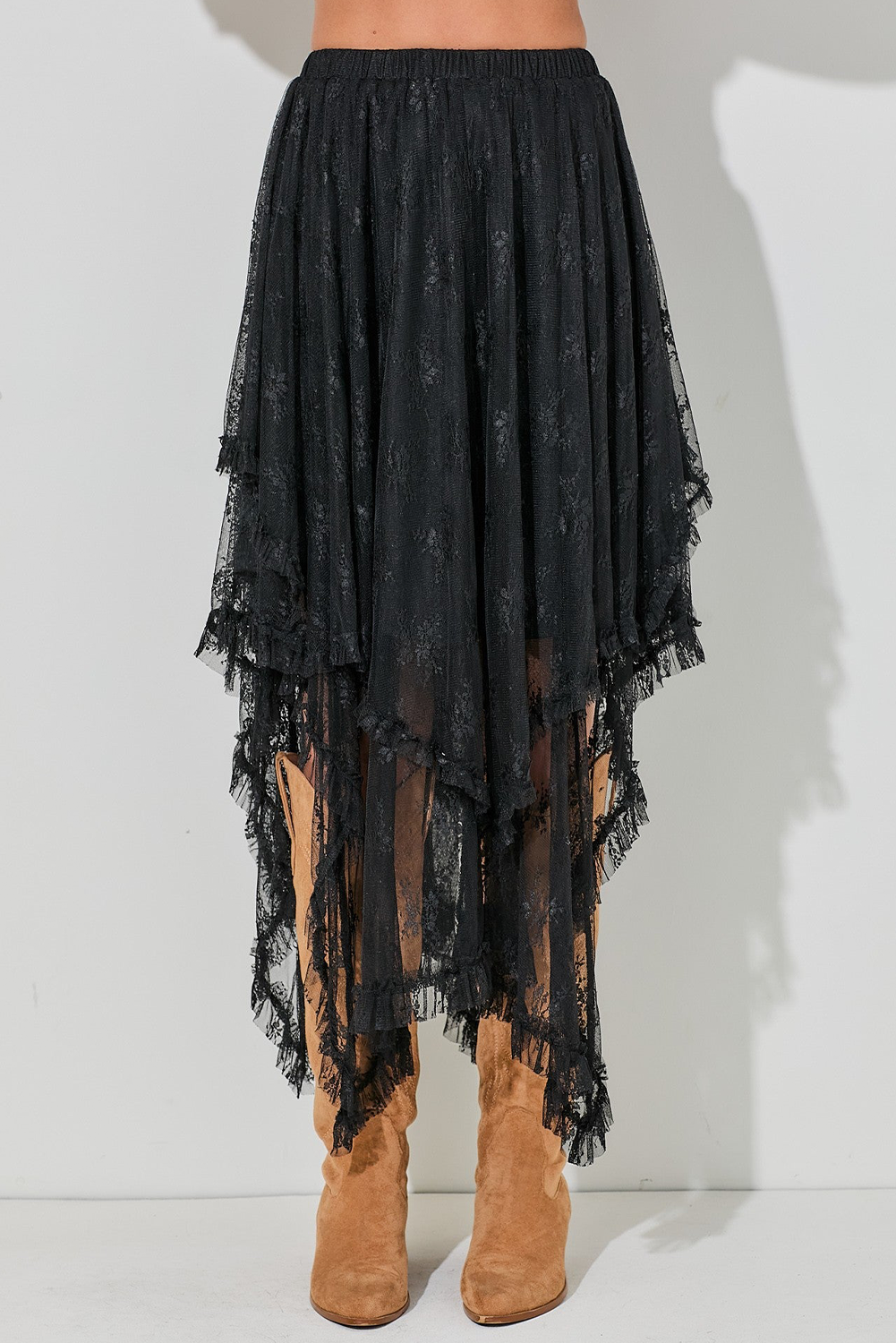 Apricot Lace Cascading Tiered High Waist Maxi Skirt