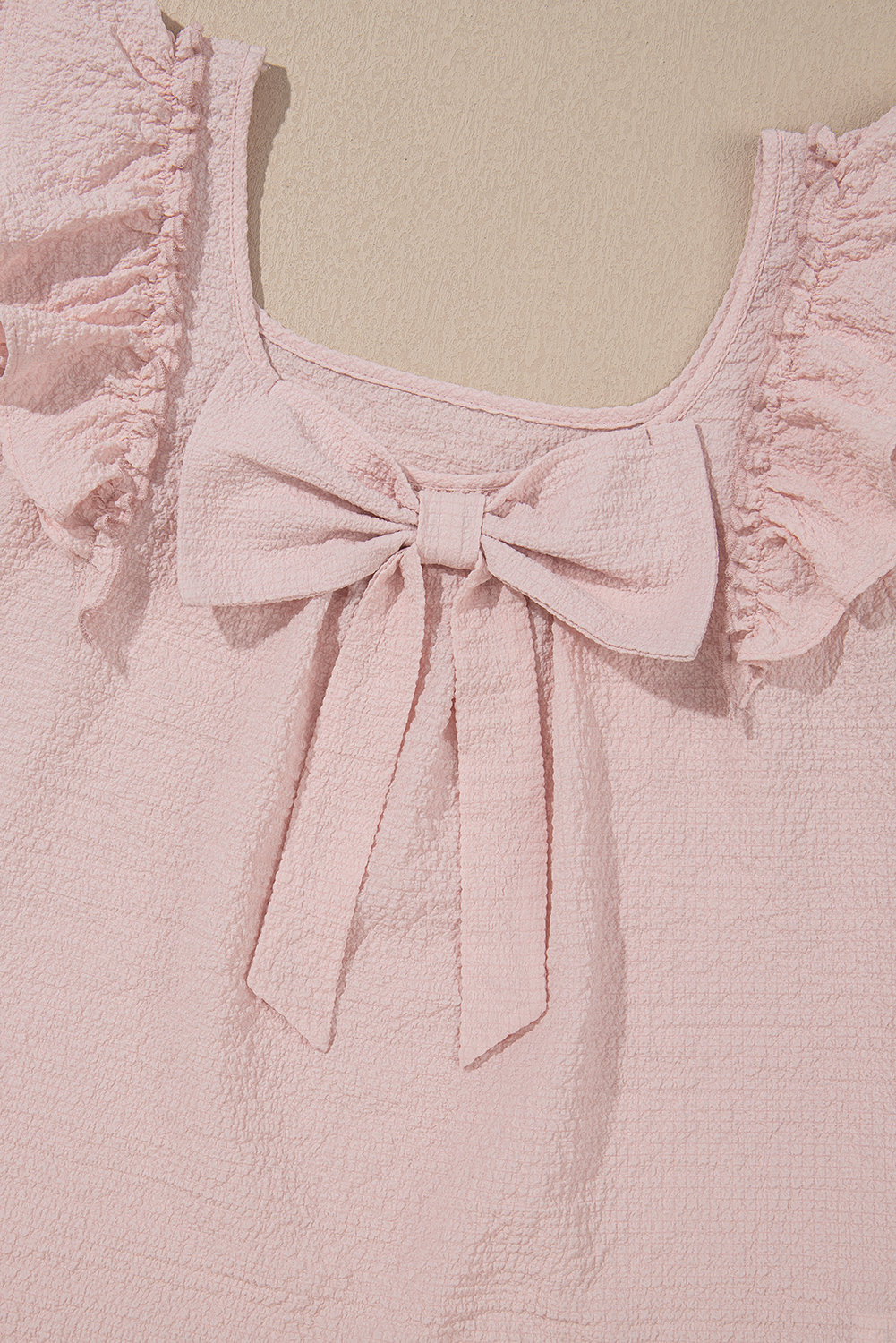Beau Blue Textured Bow Knot Frilled Butterfly Sleeve Blouse