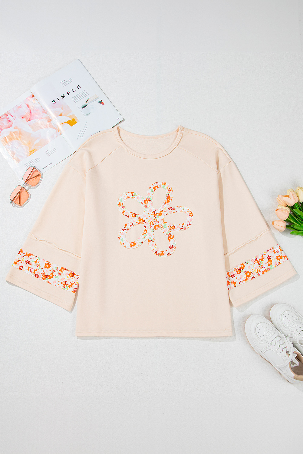 Beige Flower Patch Graphic Exposed Seam Wide Sleeve Top