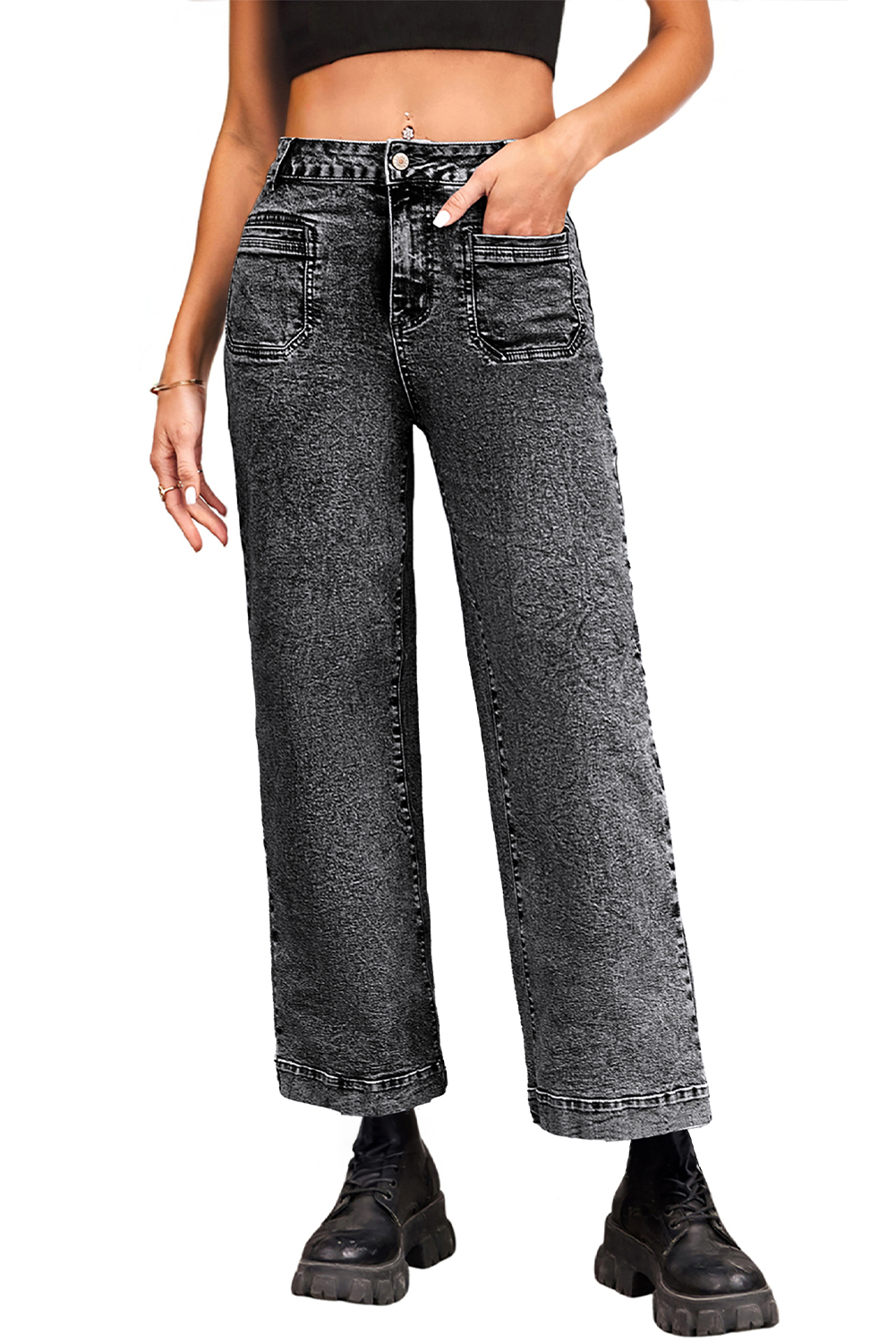 Light Blue Chic Patch Pocket Straight Leg Loose Jeans