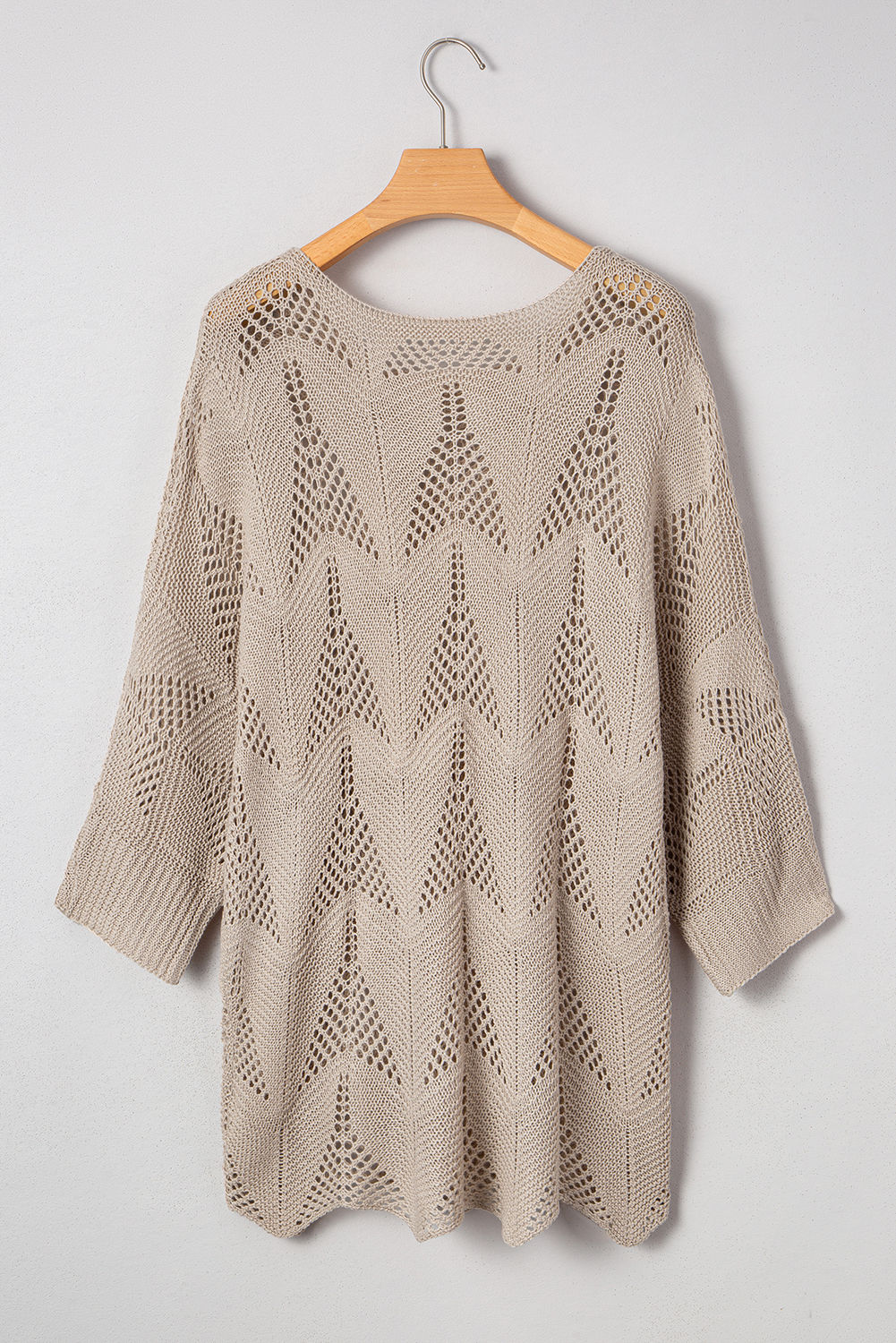 Navy Blue Hollow Out Knit 7/8 Sleeve Casual Sweater